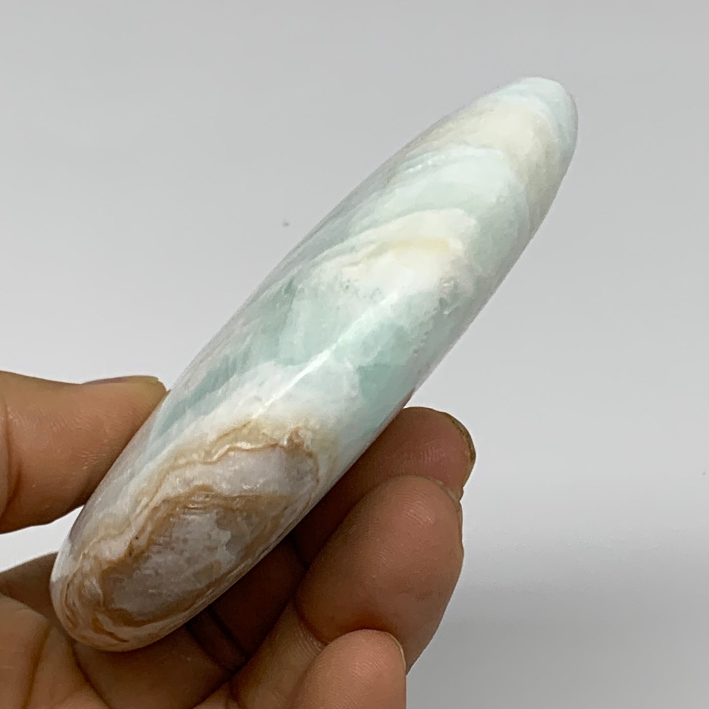 186.4g, 3.5"x2"x0.8", Caribbean Calcite Moon Crescent Gemstone, B33625