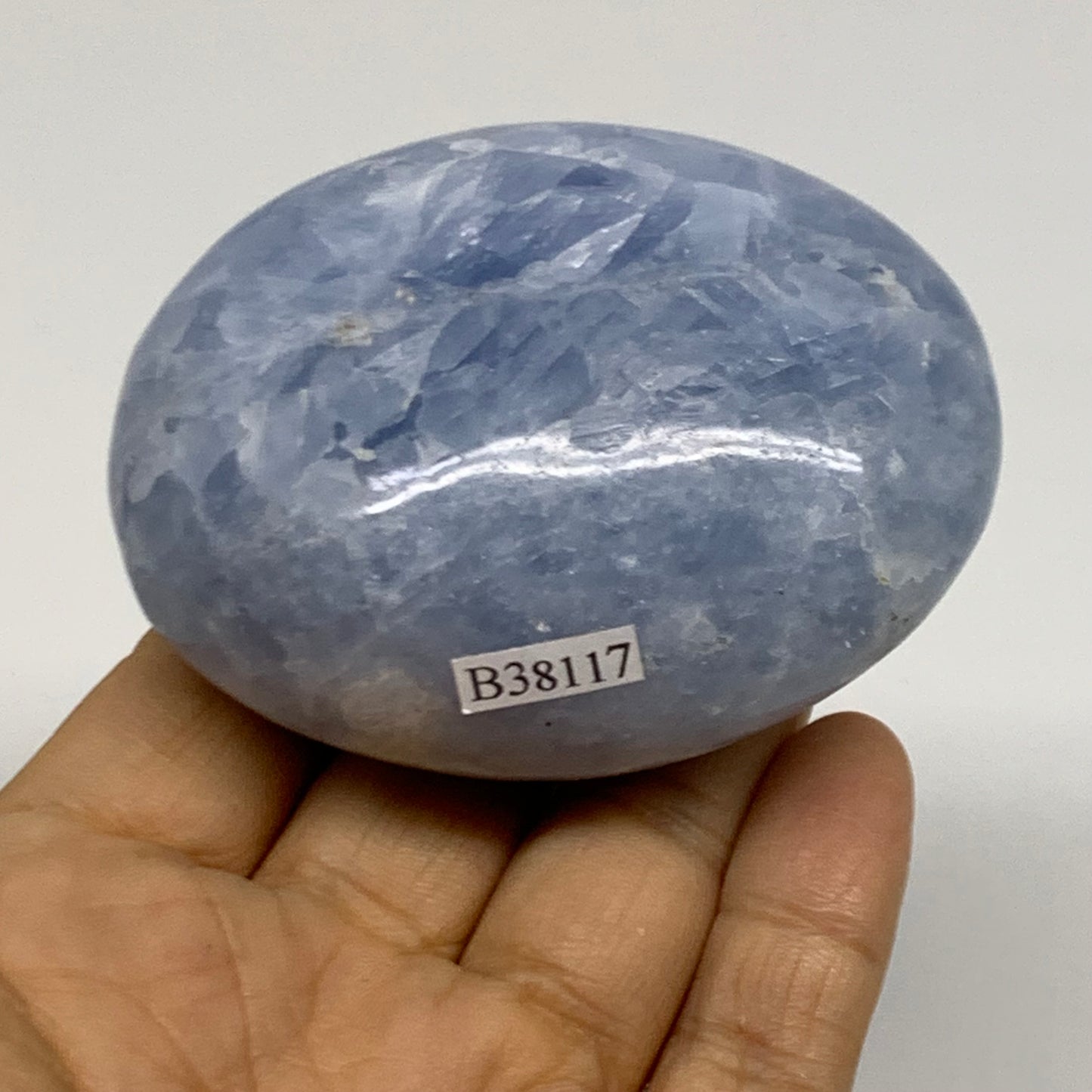 223.6g, 2.9"x2.2"x1.5" Blue Calcite Palm-Stone Polished Tumbled, B38117