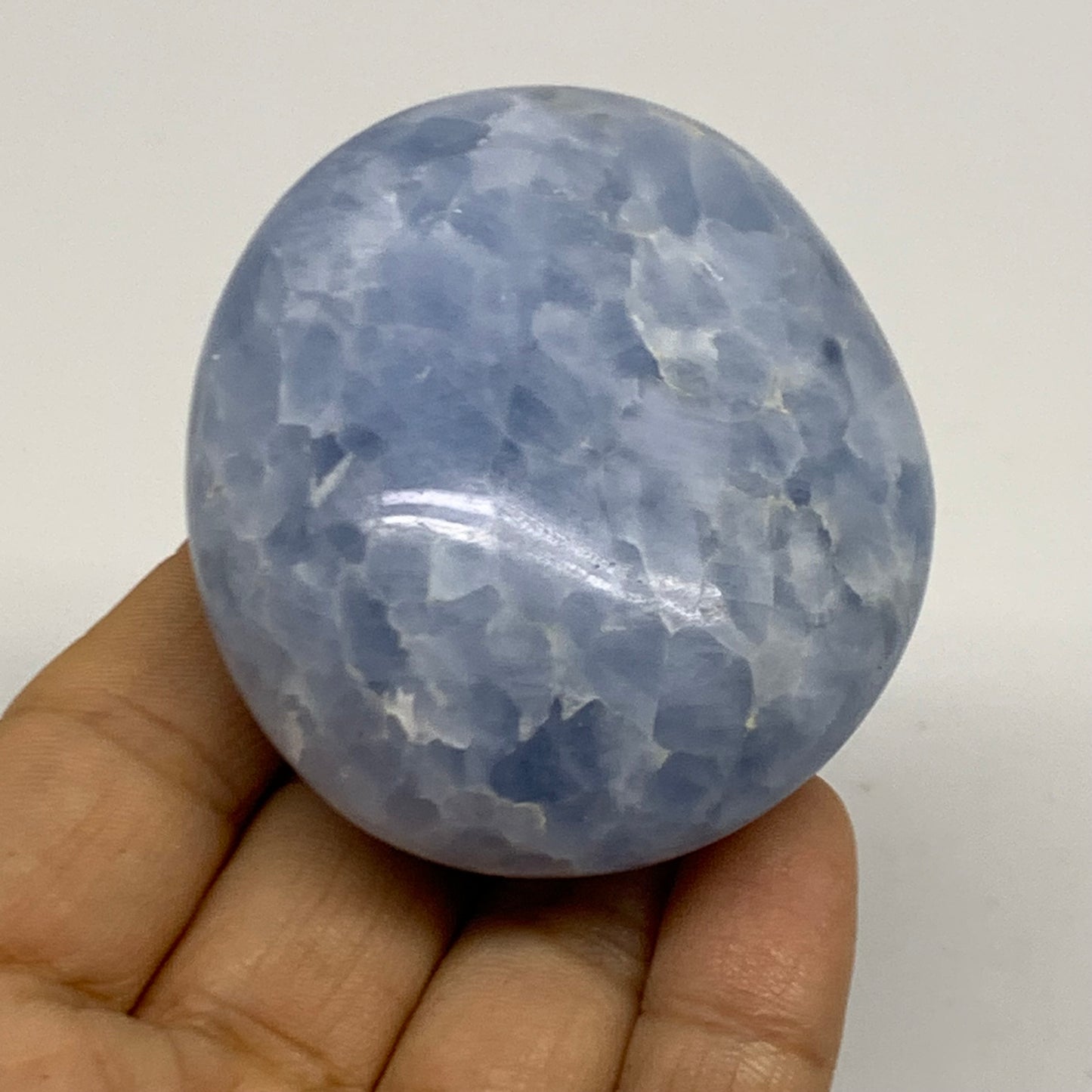 159.9g, 2.5"x2.2"x1.3" Blue Calcite Palm-Stone Polished Tumbled, B38119