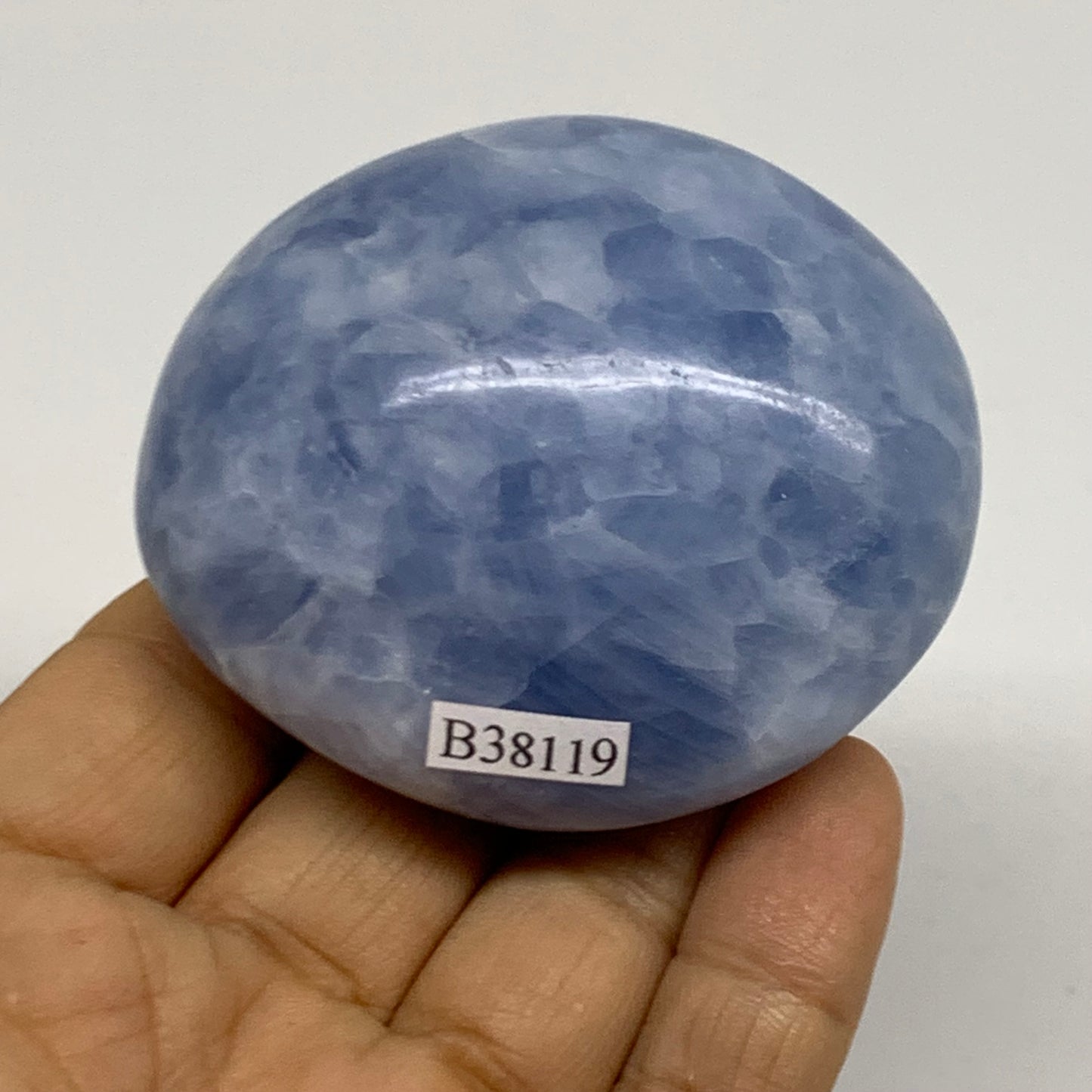 159.9g, 2.5"x2.2"x1.3" Blue Calcite Palm-Stone Polished Tumbled, B38119