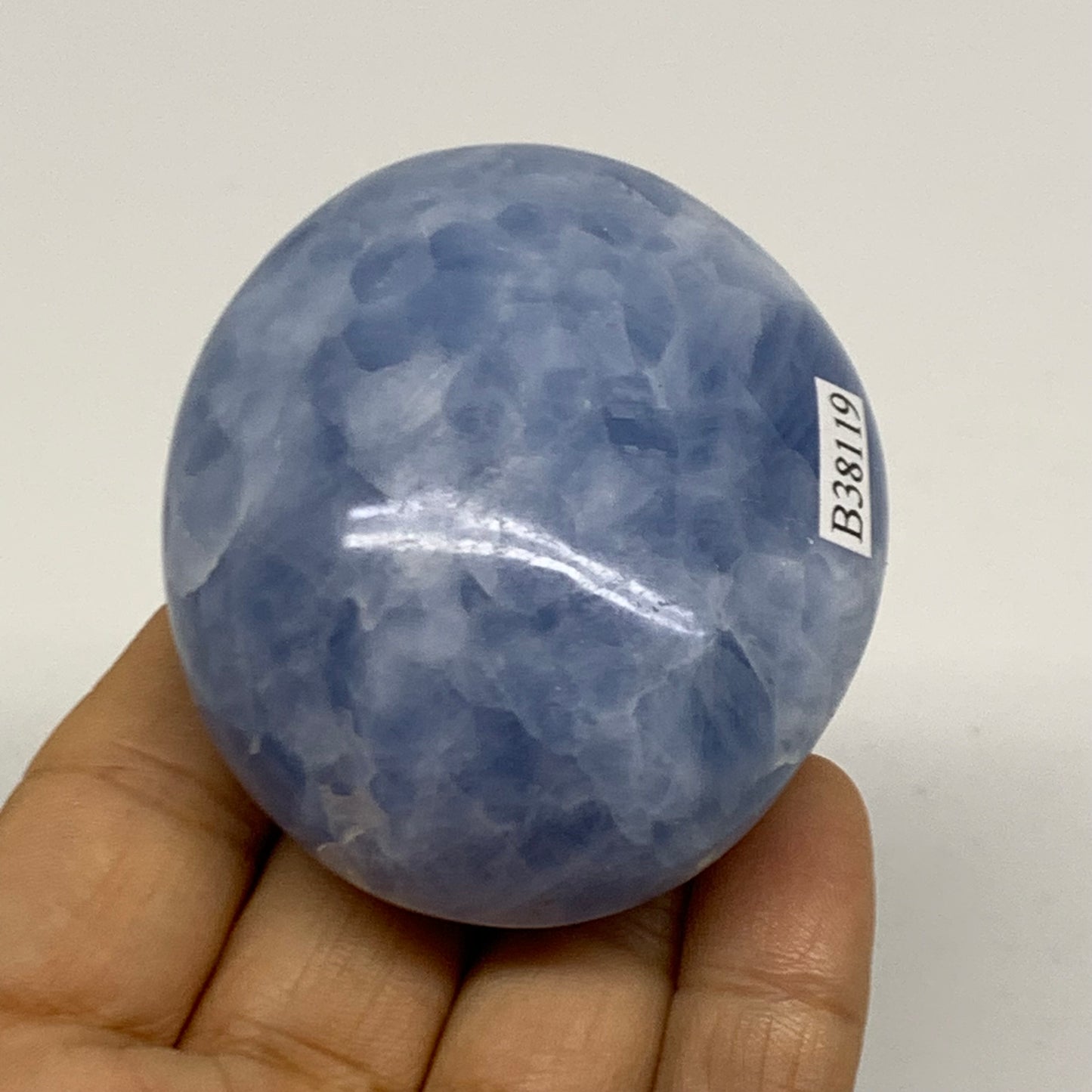 159.9g, 2.5"x2.2"x1.3" Blue Calcite Palm-Stone Polished Tumbled, B38119