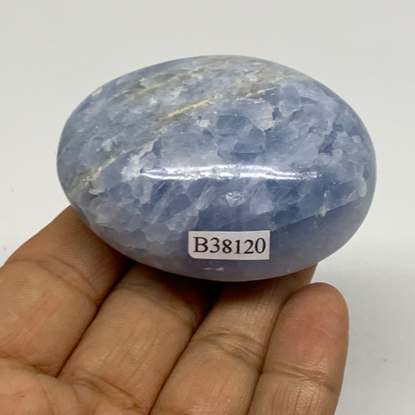 120g, 2.4"x1.8"x1.2" Blue Calcite Palm-Stone Polished Tumbled, B38120