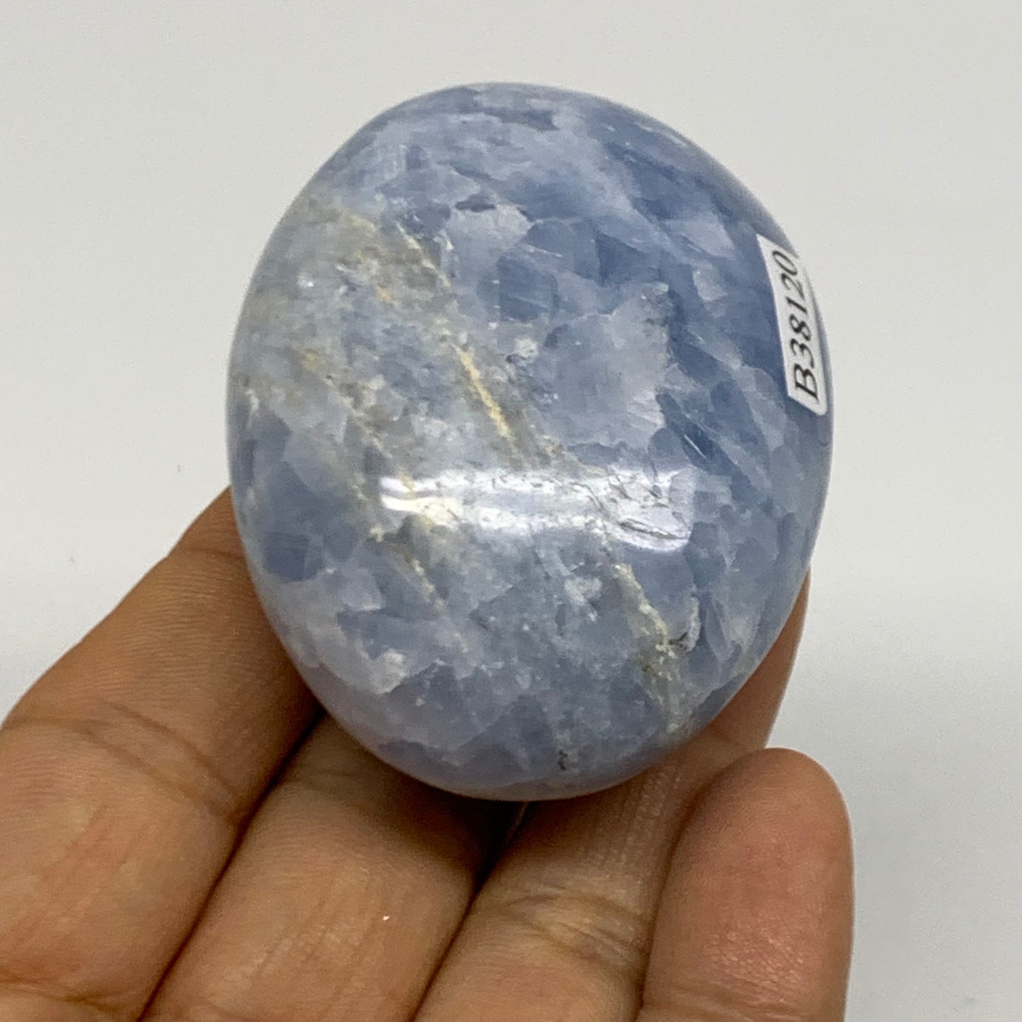 120g, 2.4"x1.8"x1.2" Blue Calcite Palm-Stone Polished Tumbled, B38120