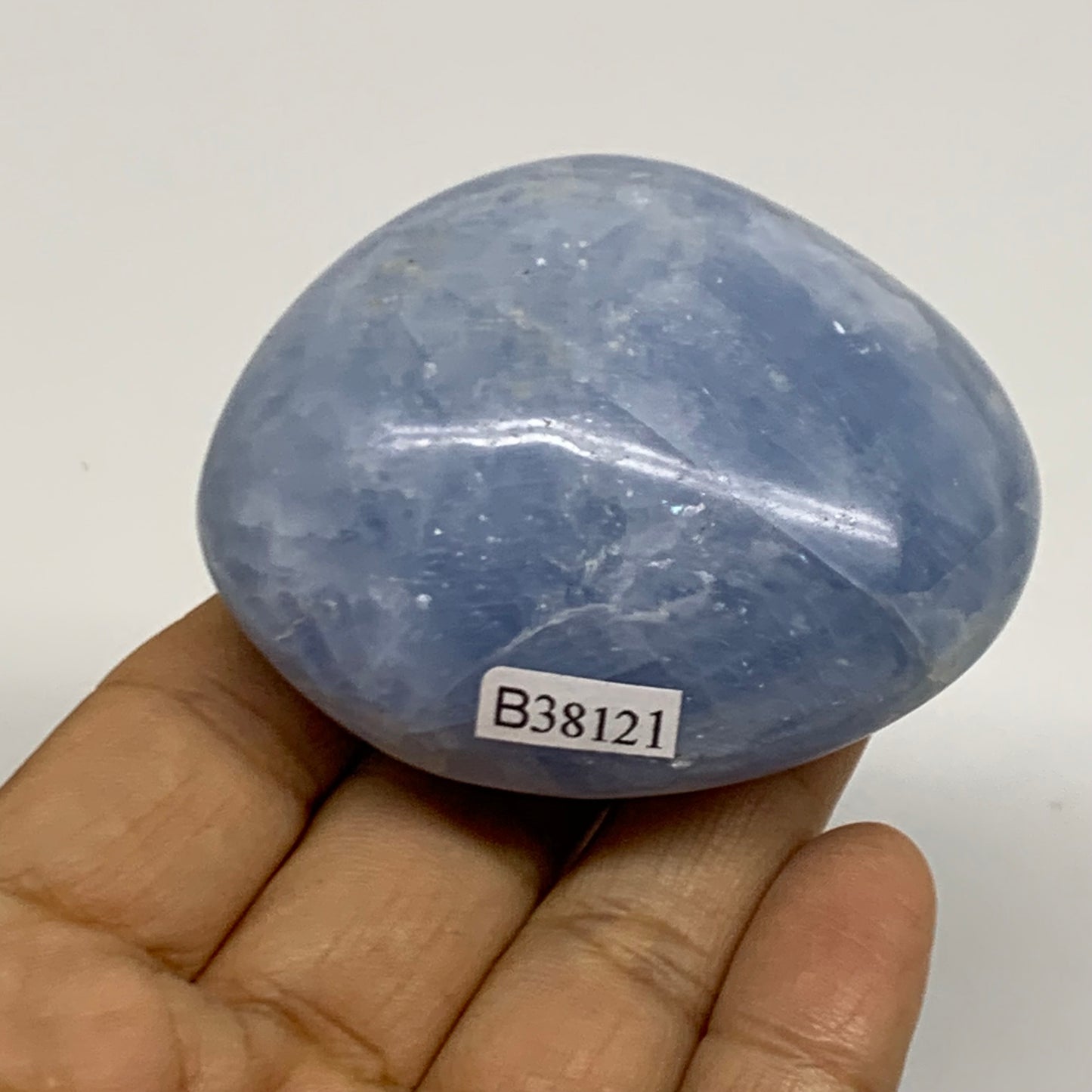 144.1g, 2.5"x2.1"x1.2" Blue Calcite Palm-Stone Polished Tumbled, B38121