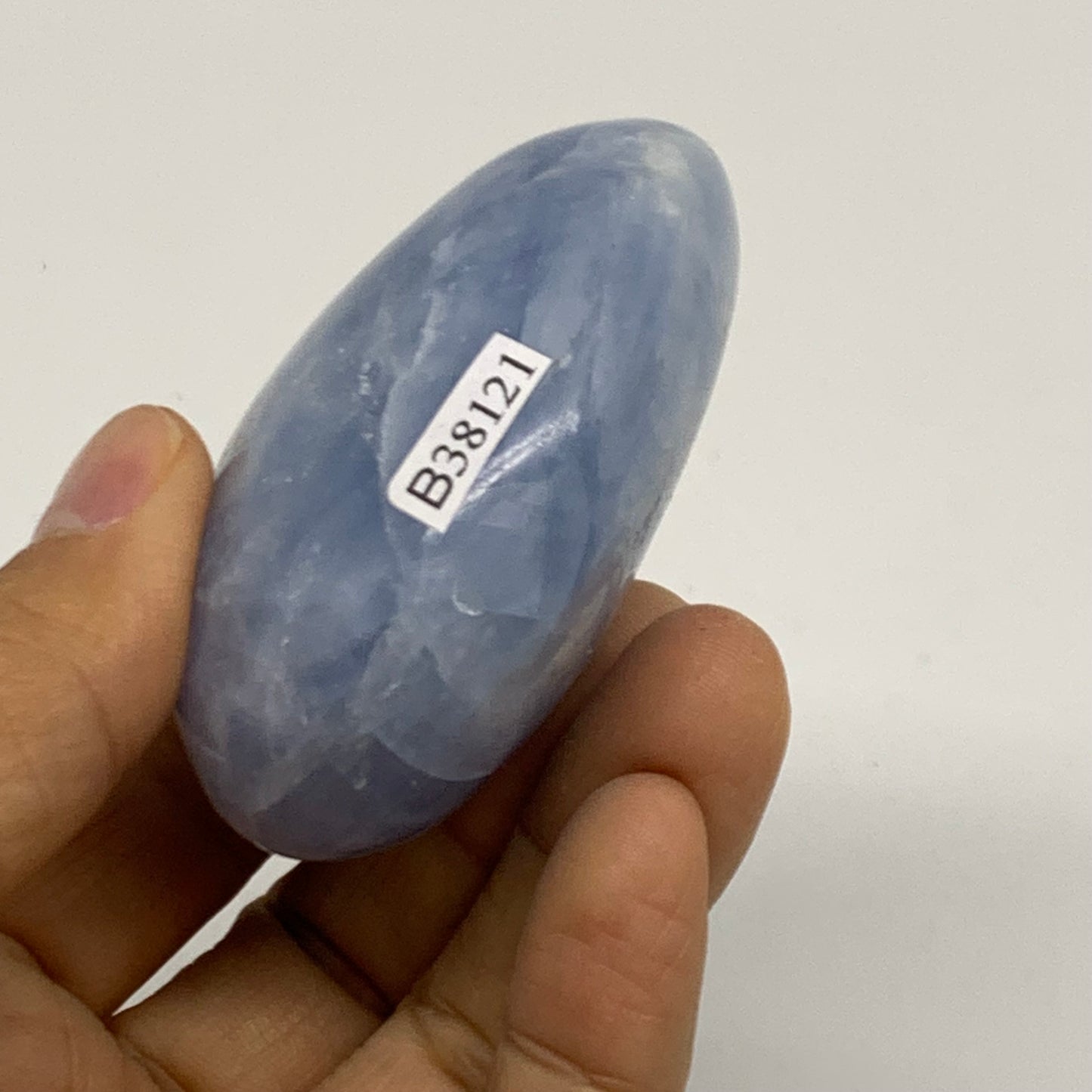 144.1g, 2.5"x2.1"x1.2" Blue Calcite Palm-Stone Polished Tumbled, B38121