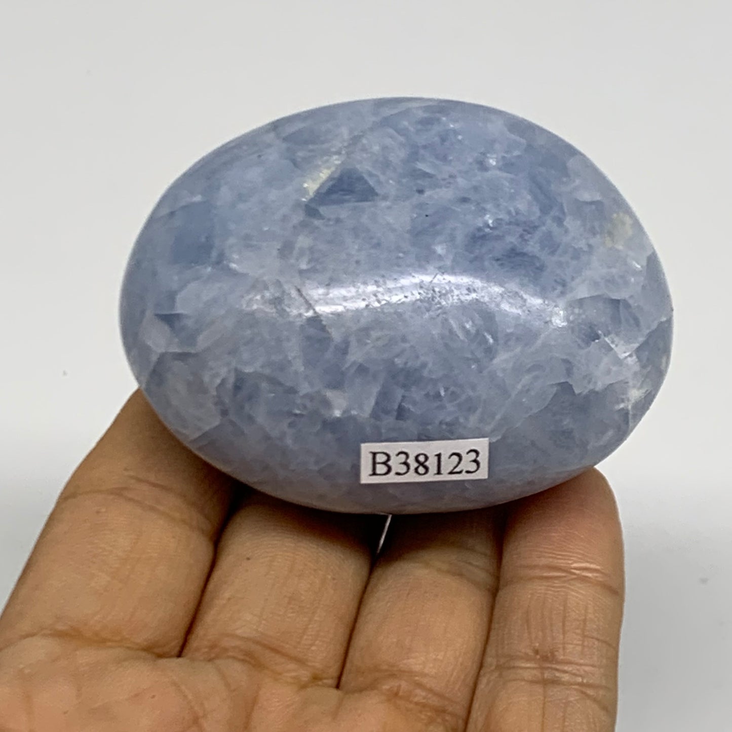 165.8g, 2.6"x2"x1.3" Blue Calcite Palm-Stone Polished Tumbled, B38123