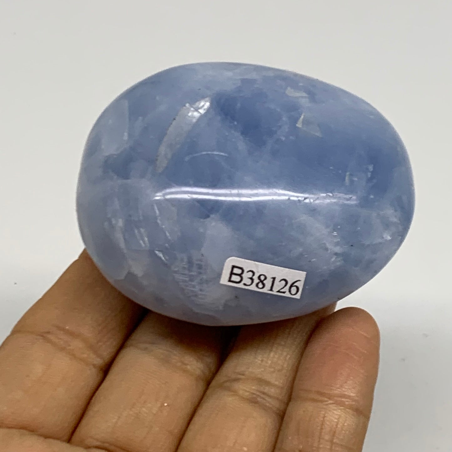 144.2g, 2.4"x2.1"x1.2" Blue Calcite Palm-Stone Polished Tumbled, B38126
