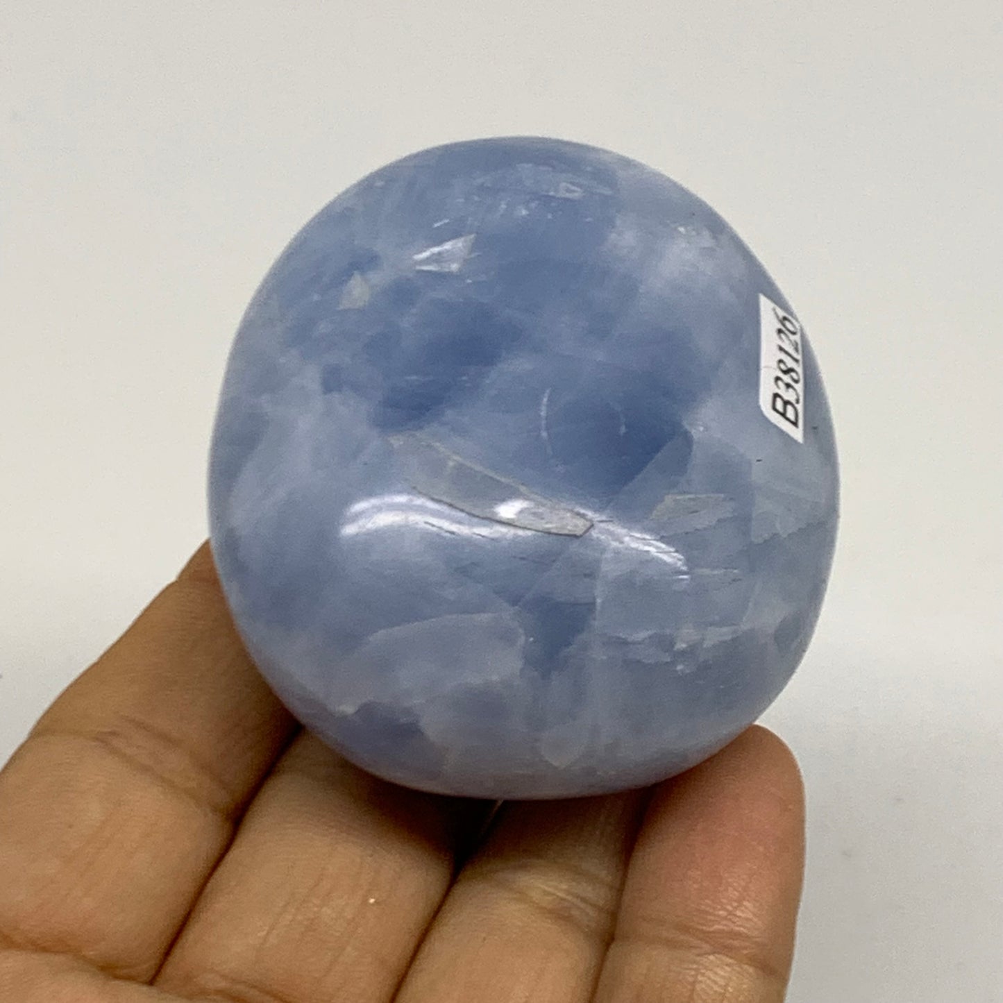 144.2g, 2.4"x2.1"x1.2" Blue Calcite Palm-Stone Polished Tumbled, B38126