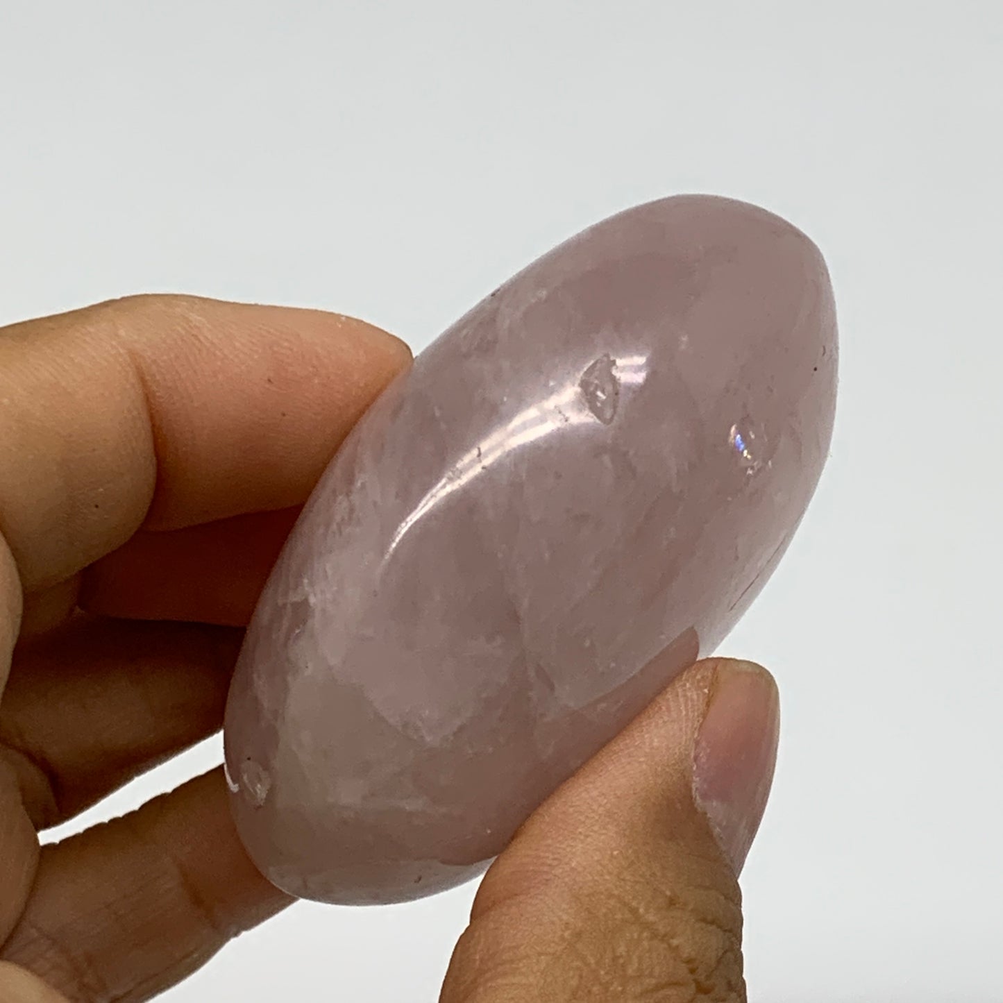 113.1g , 2.4"x1.9"x1.1", Natural Pink Rose Quartz Palm-stone Crystal, B37282