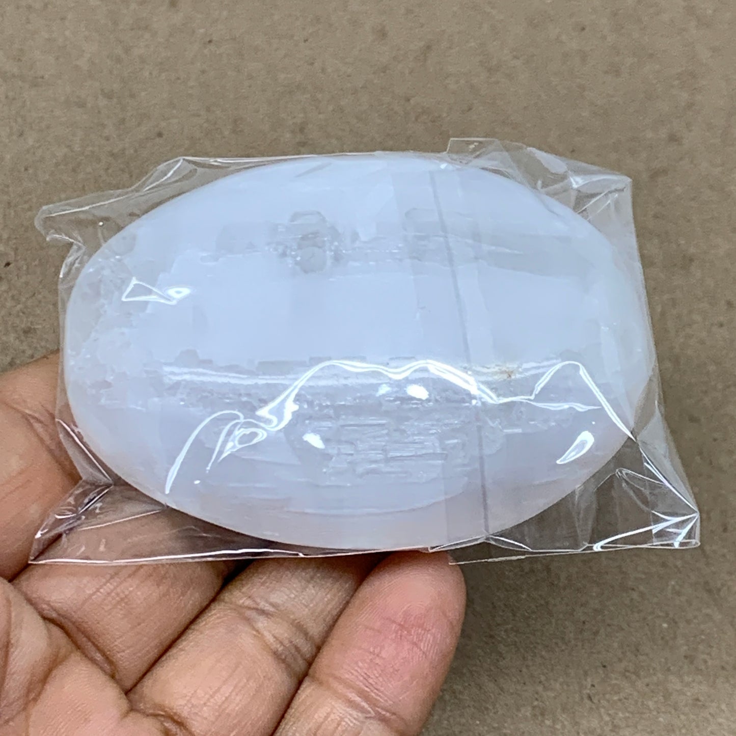98g, 2.8"x2"x0.9", White Selenite Palmstone Crystal Pillow Reiki, B36380