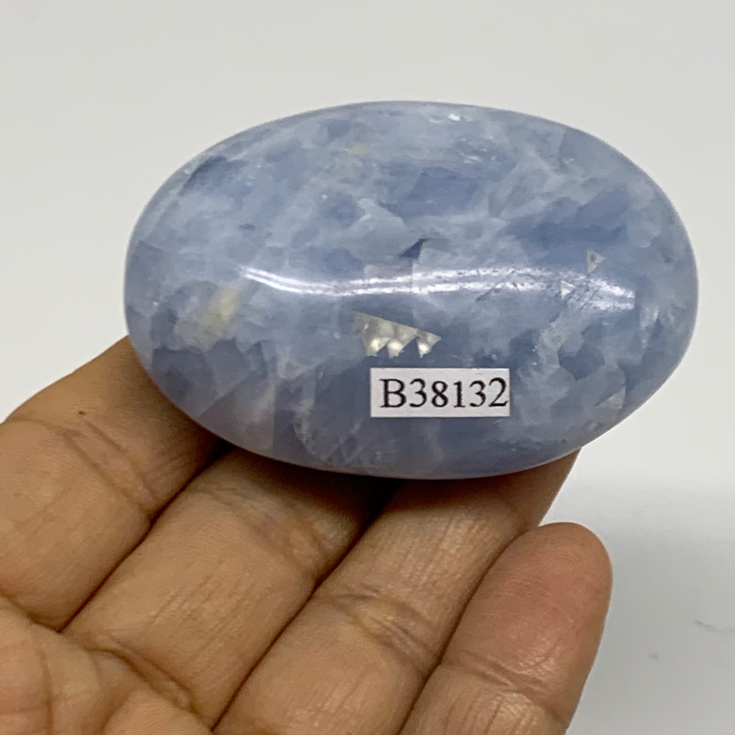 103g, 2.4"x1.7"x1" Blue Calcite Palm-Stone Polished Tumbled, B38132