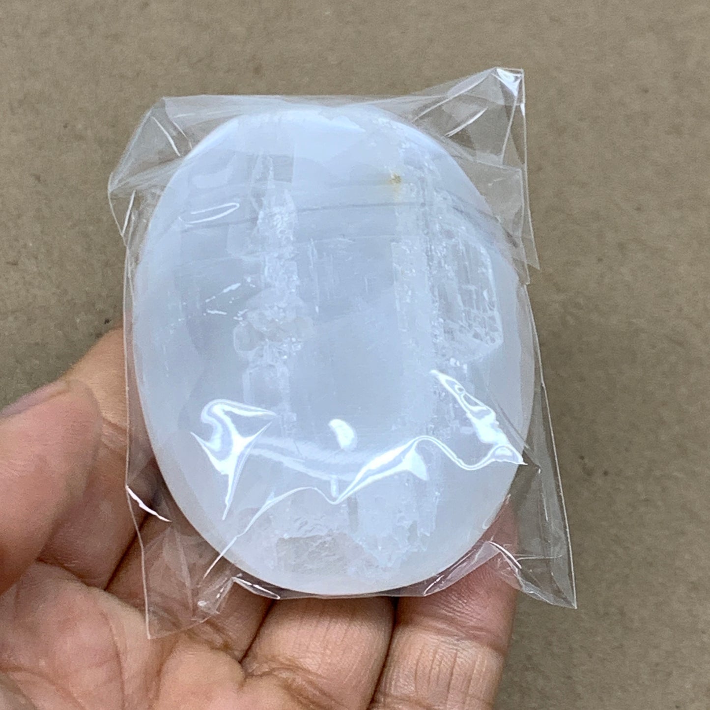 98g, 2.8"x2"x0.9", White Selenite Palmstone Crystal Pillow Reiki, B36380