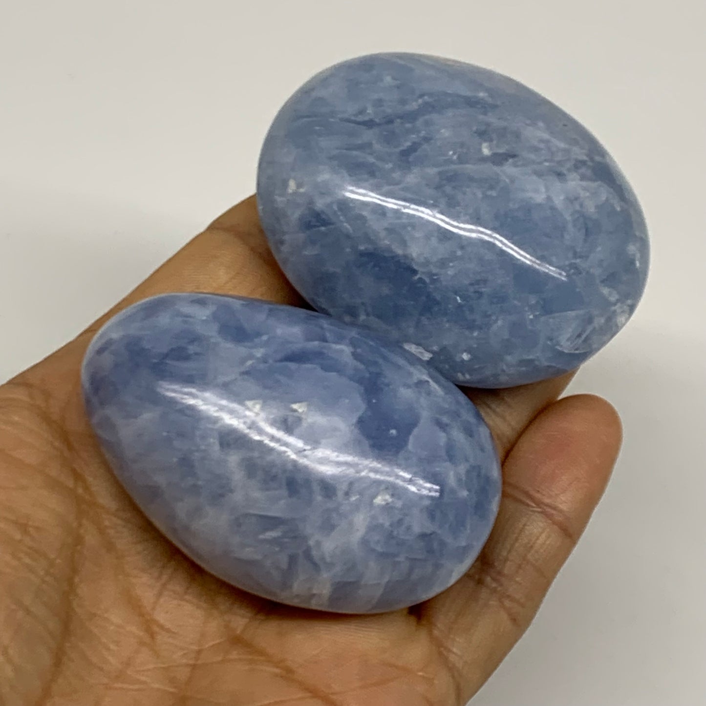 191.8g, 2.3"-2.3", 2pcs, Blue Calcite Palm-Stone Polished Tumbled, B38136