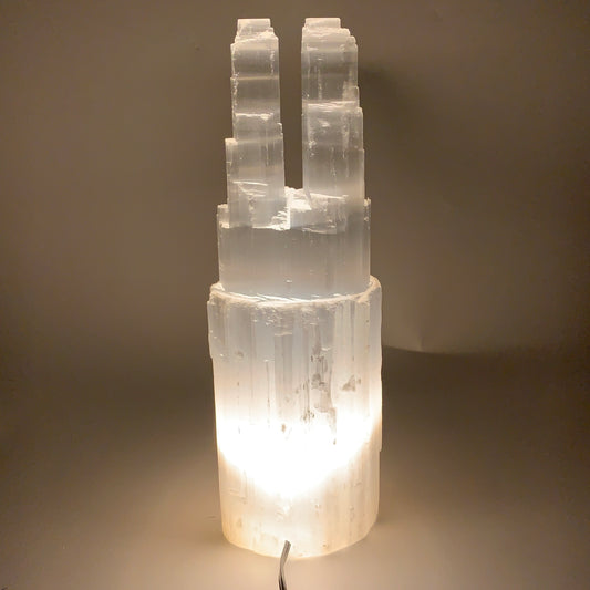 8.3 lbs, 13.75"x4.5"x3.1" Rough Selenite (Satin Spar) Lamp Tower W/Chord, B35767