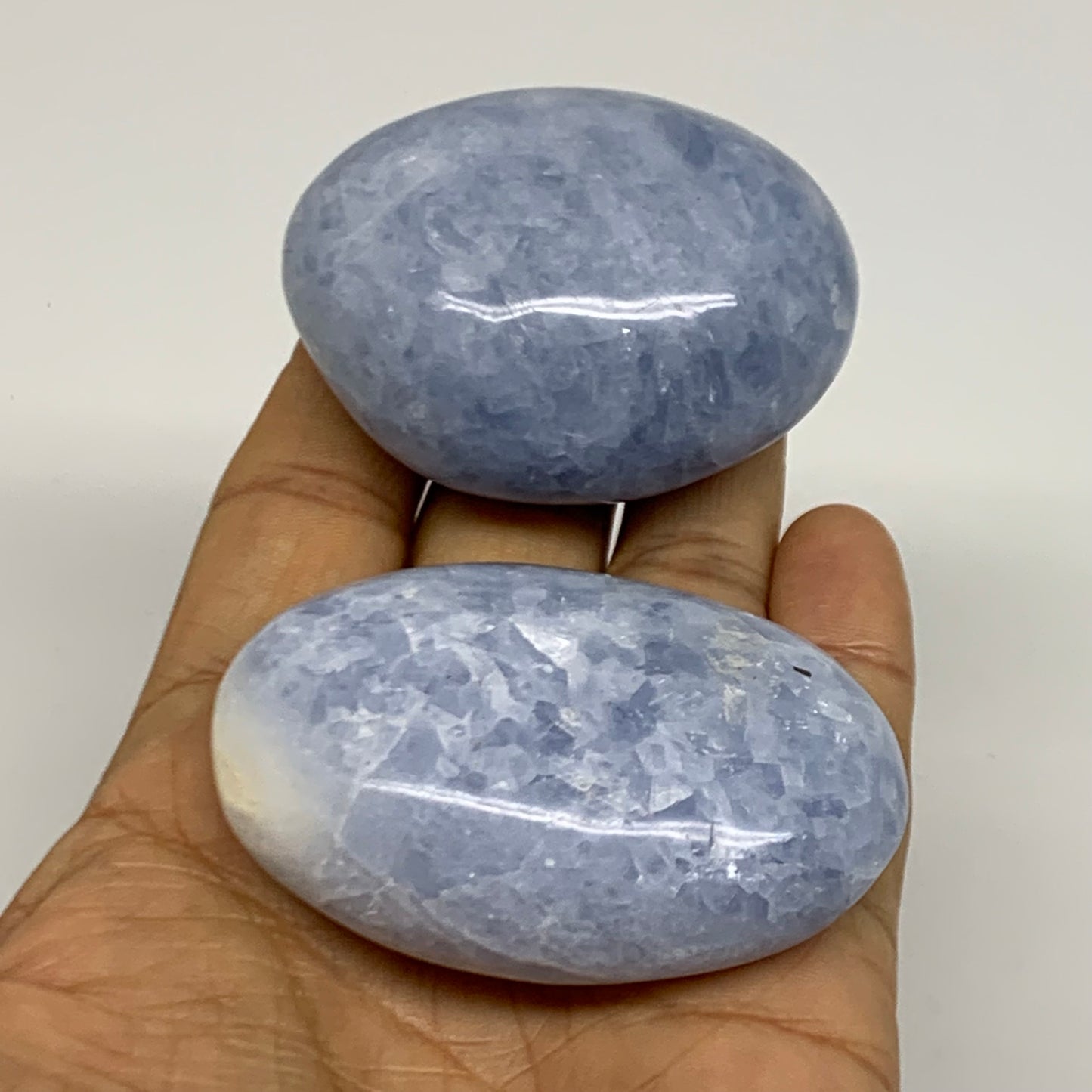 201g, 2.2"-2.4", 2pcs, Blue Calcite Palm-Stone Polished Tumbled, B38137