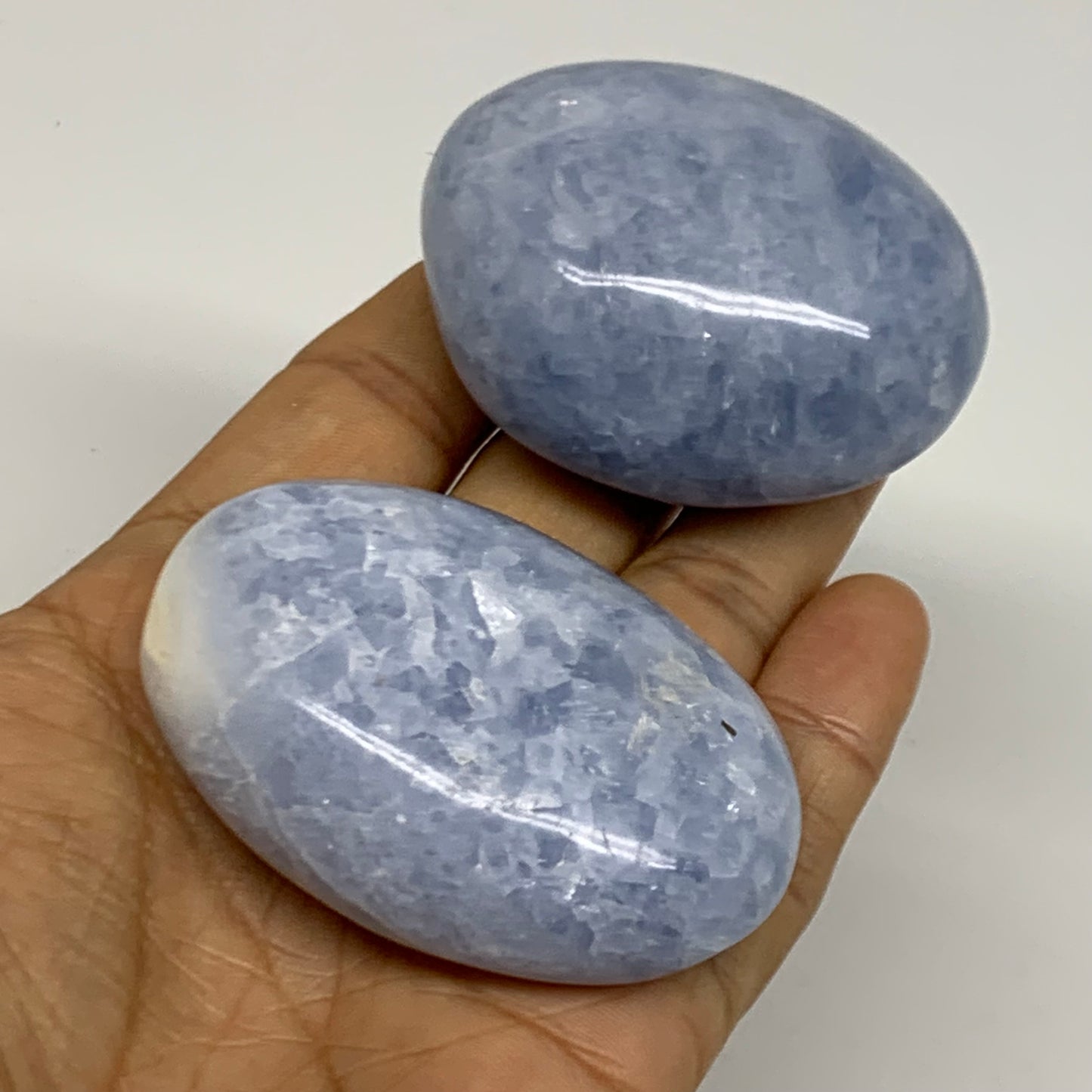 201g, 2.2"-2.4", 2pcs, Blue Calcite Palm-Stone Polished Tumbled, B38137