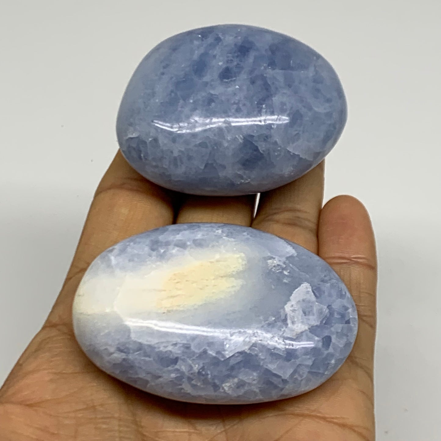 201g, 2.2"-2.4", 2pcs, Blue Calcite Palm-Stone Polished Tumbled, B38137