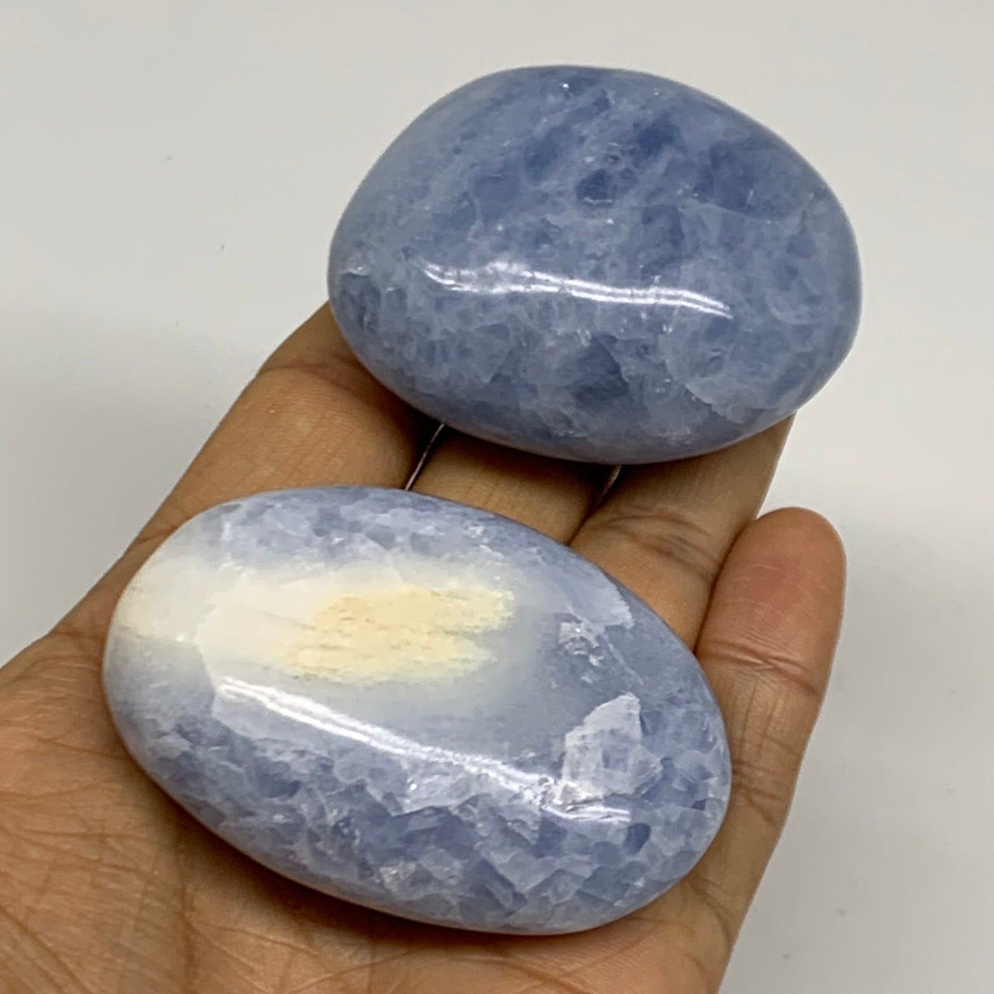 201g, 2.2"-2.4", 2pcs, Blue Calcite Palm-Stone Polished Tumbled, B38137