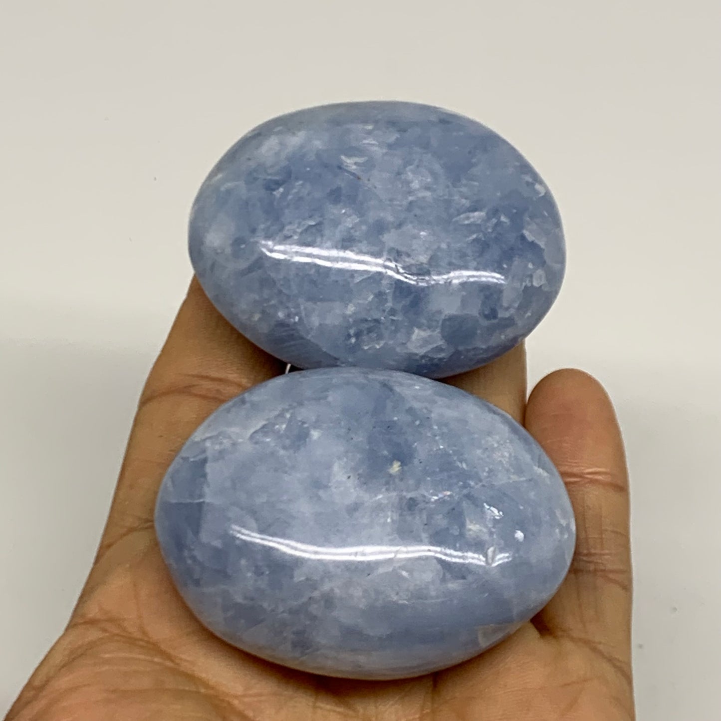 174.87g, 2.1"-2.2", 2pcs, Blue Calcite Palm-Stone Polished Tumbled, B38138