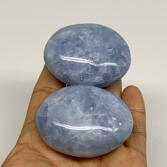 174.87g, 2.1"-2.2", 2pcs, Blue Calcite Palm-Stone Polished Tumbled, B38138