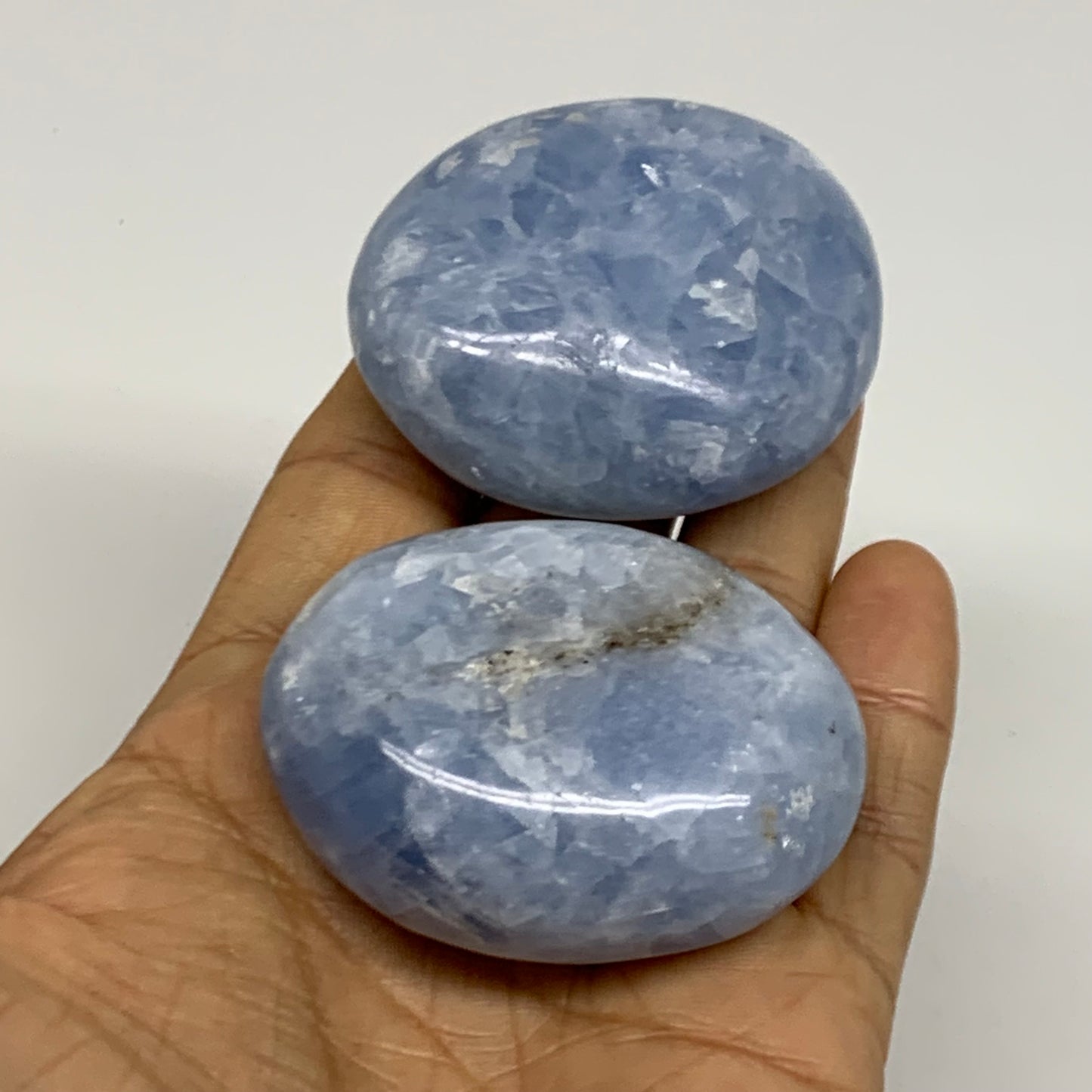174.87g, 2.1"-2.2", 2pcs, Blue Calcite Palm-Stone Polished Tumbled, B38138