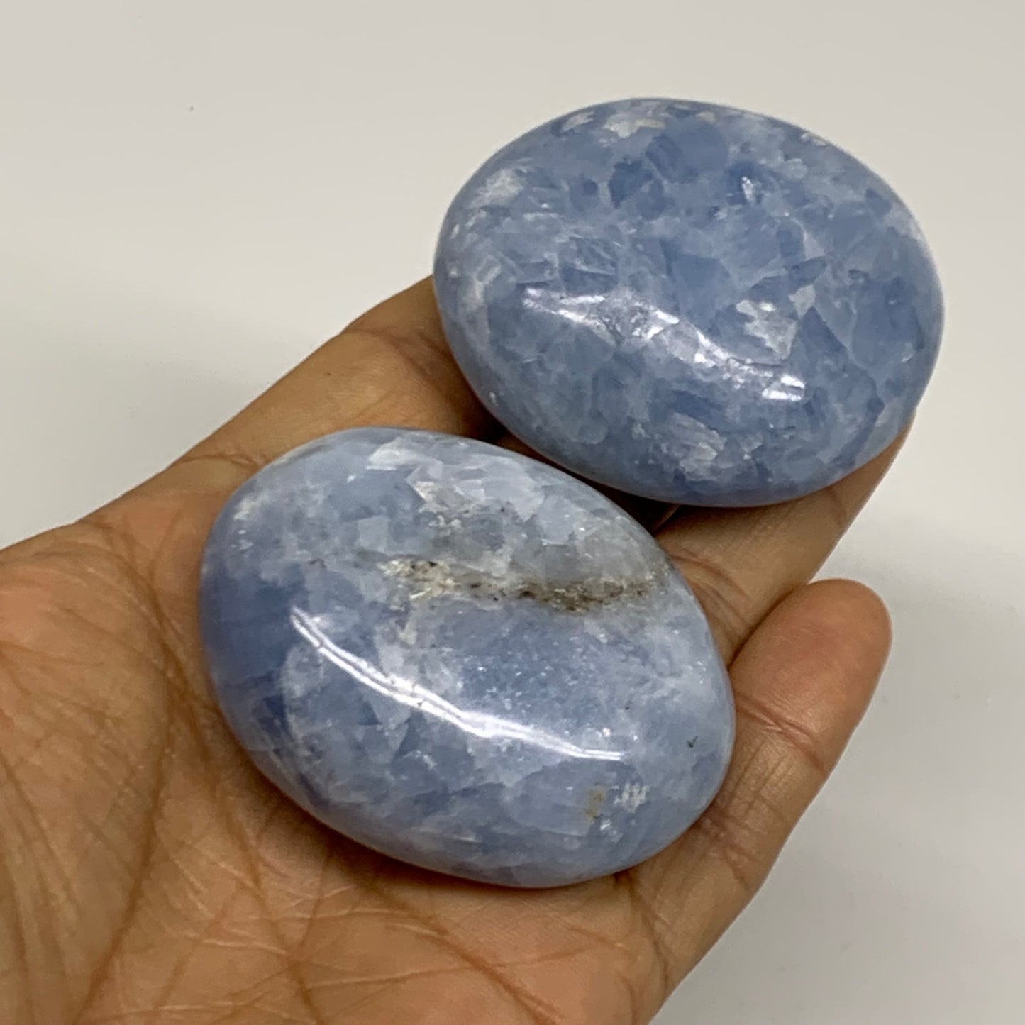 174.87g, 2.1"-2.2", 2pcs, Blue Calcite Palm-Stone Polished Tumbled, B38138
