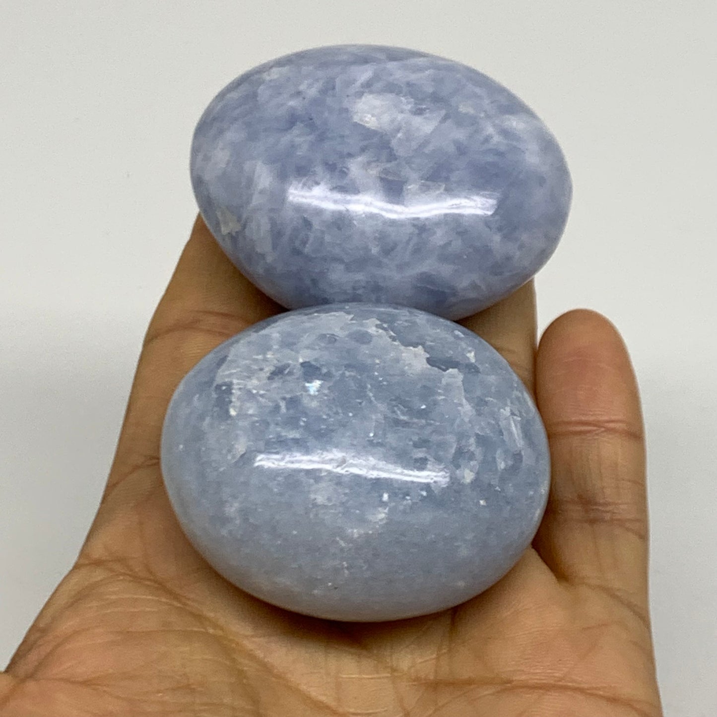 193.7g, 2"-2.1", 2pcs, Blue Calcite Palm-Stone Polished Tumbled, B38139
