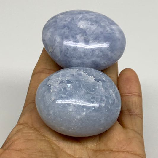 193.7g, 2"-2.1", 2pcs, Blue Calcite Palm-Stone Polished Tumbled, B38139