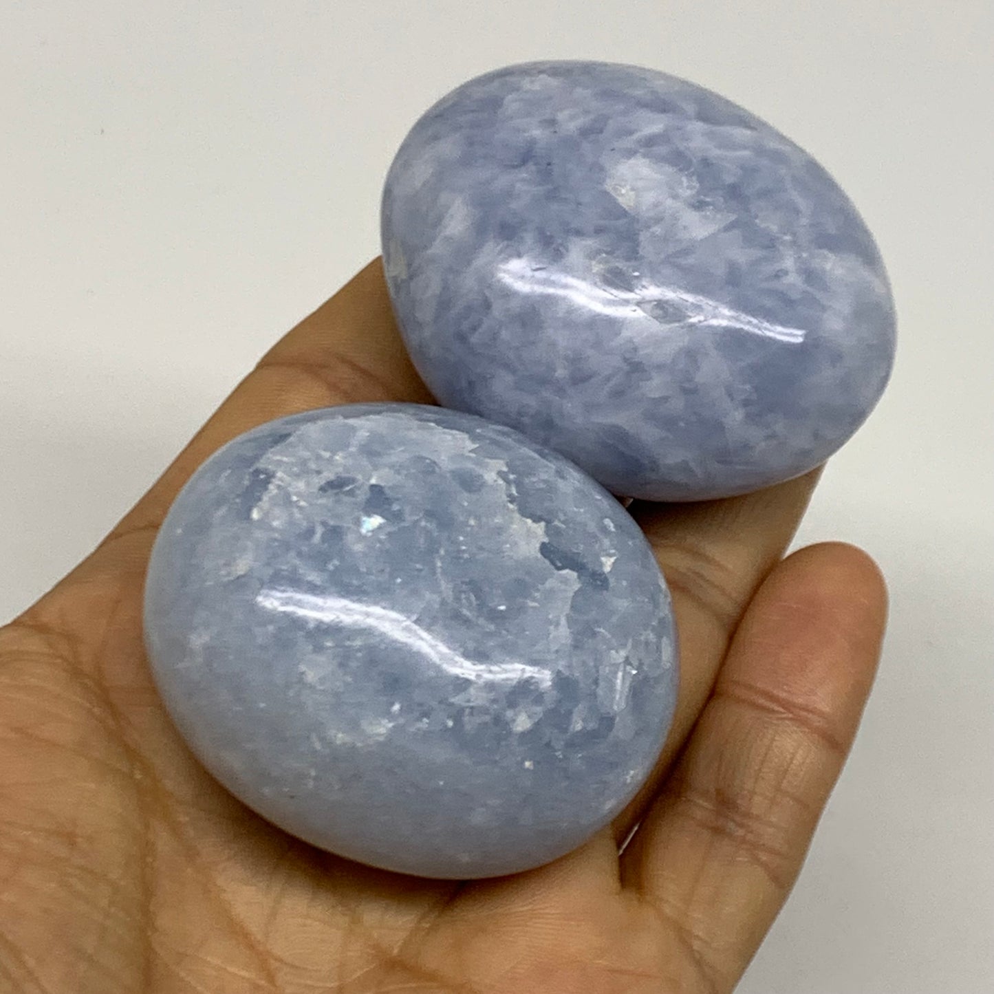 193.7g, 2"-2.1", 2pcs, Blue Calcite Palm-Stone Polished Tumbled, B38139
