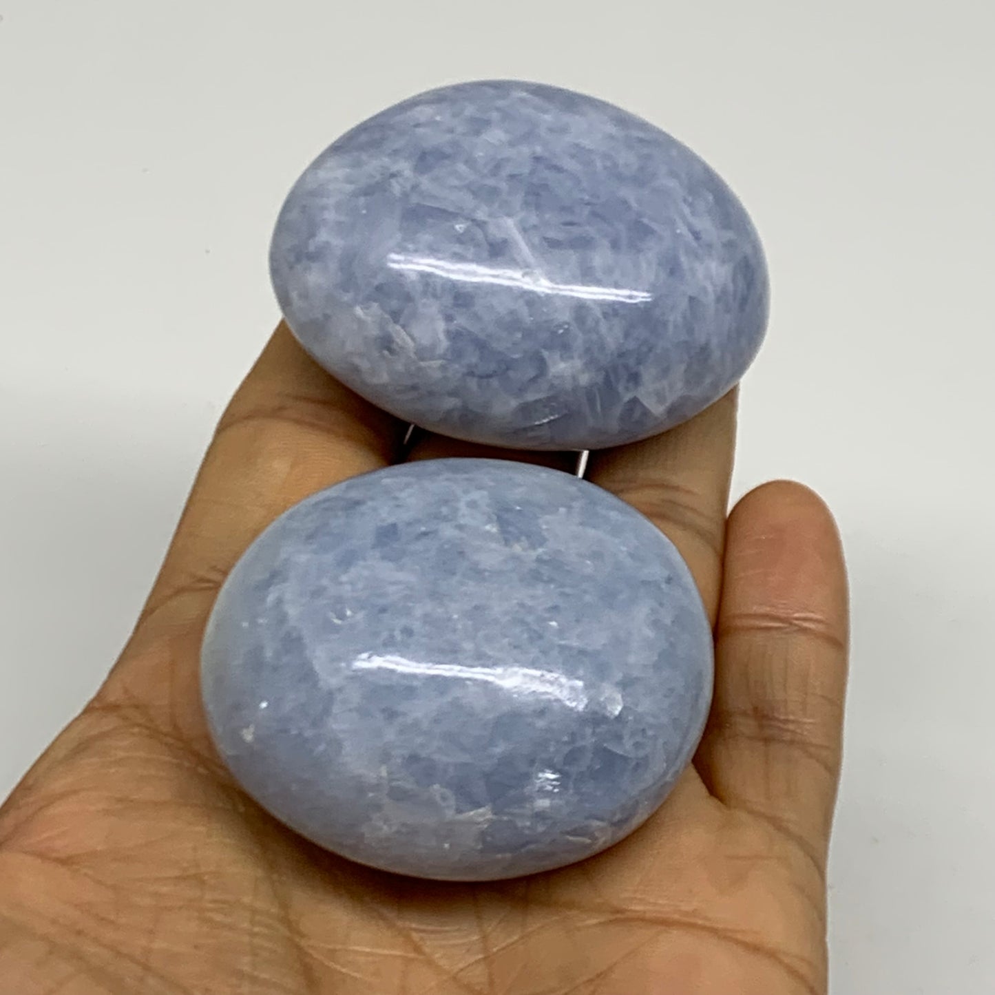 193.7g, 2"-2.1", 2pcs, Blue Calcite Palm-Stone Polished Tumbled, B38139