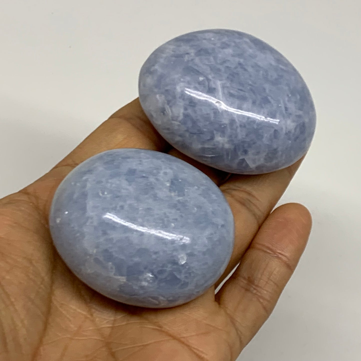 193.7g, 2"-2.1", 2pcs, Blue Calcite Palm-Stone Polished Tumbled, B38139