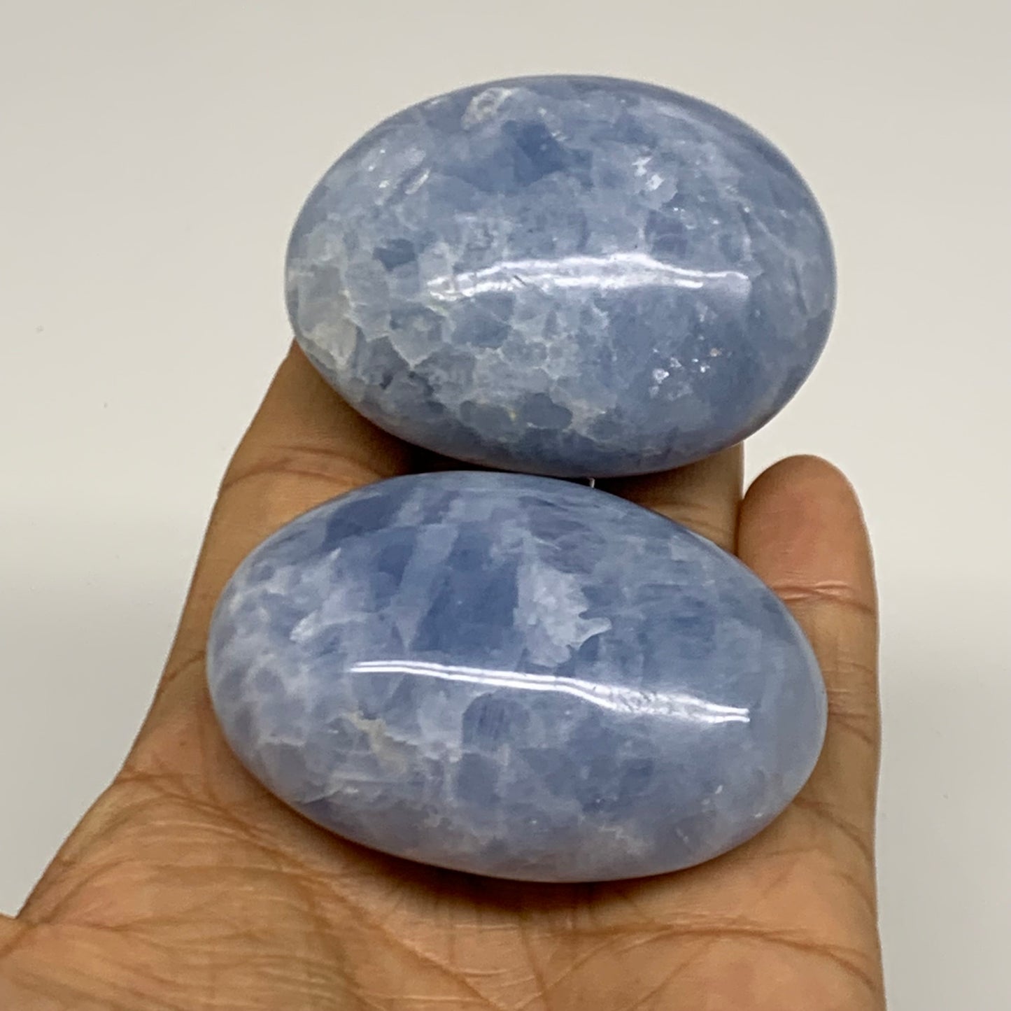 221.3g, 2.3"-2.4", 2pcs, Blue Calcite Palm-Stone Polished Tumbled, B38140