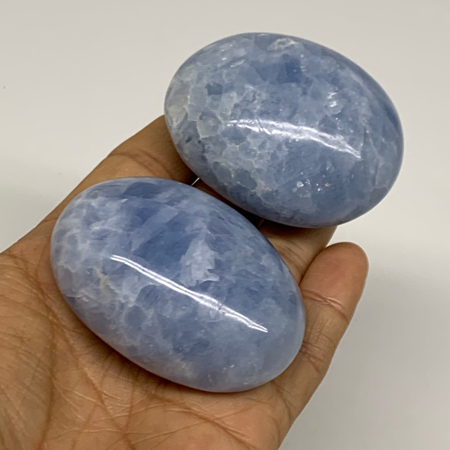 221.3g, 2.3"-2.4", 2pcs, Blue Calcite Palm-Stone Polished Tumbled, B38140