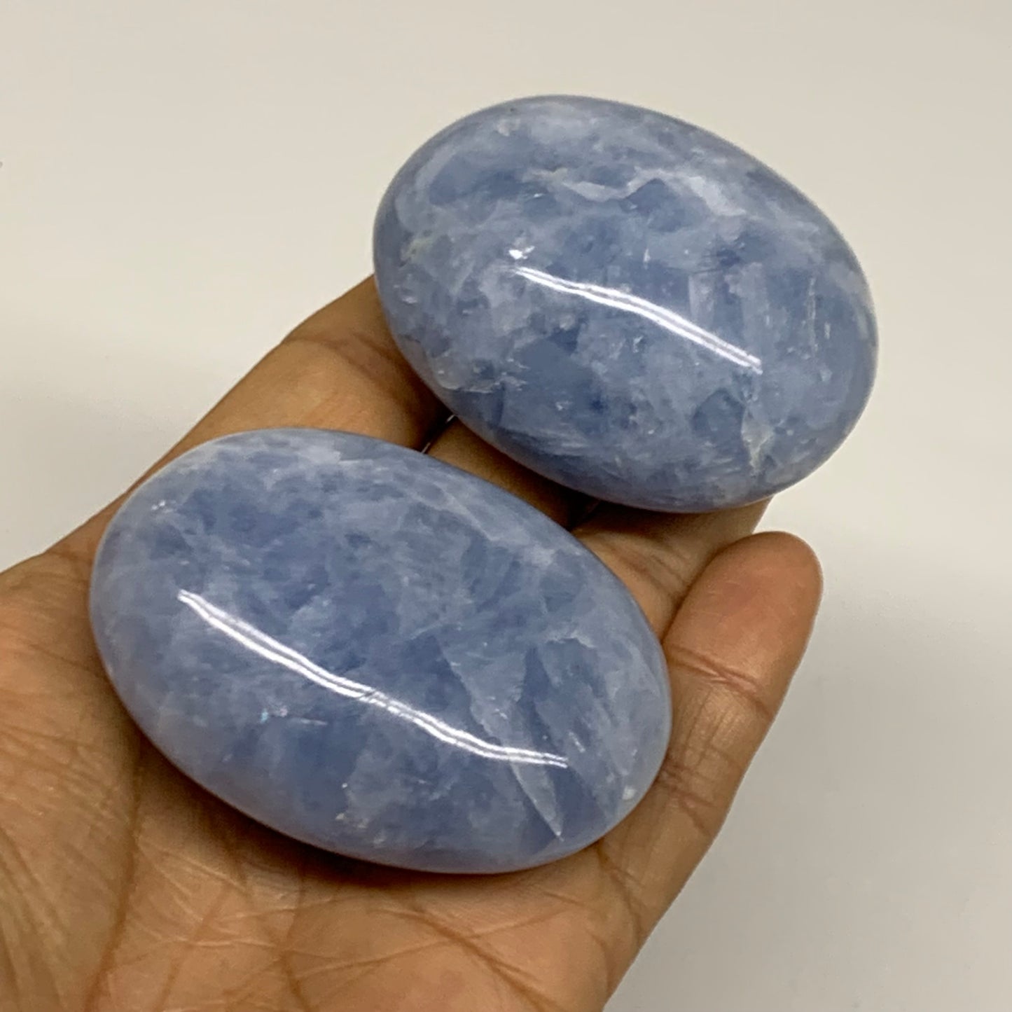 221.3g, 2.3"-2.4", 2pcs, Blue Calcite Palm-Stone Polished Tumbled, B38140
