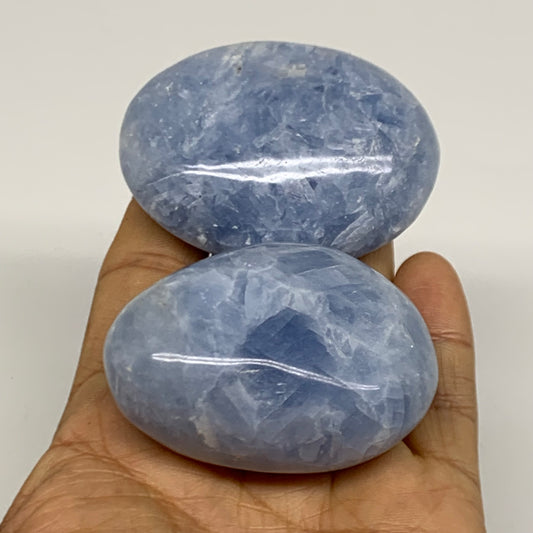 203g, 2.2"-2.4", 2pcs, Blue Calcite Palm-Stone Polished Tumbled, B38141