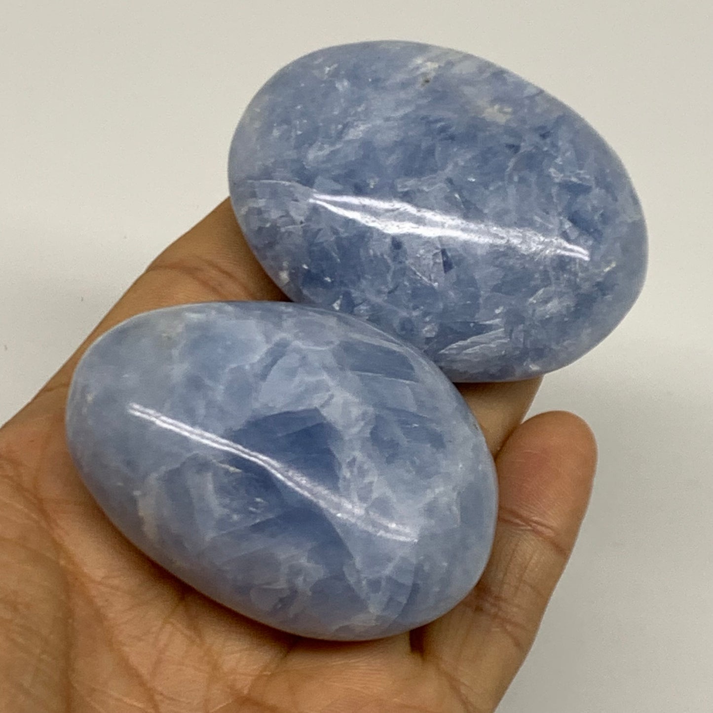 203g, 2.2"-2.4", 2pcs, Blue Calcite Palm-Stone Polished Tumbled, B38141