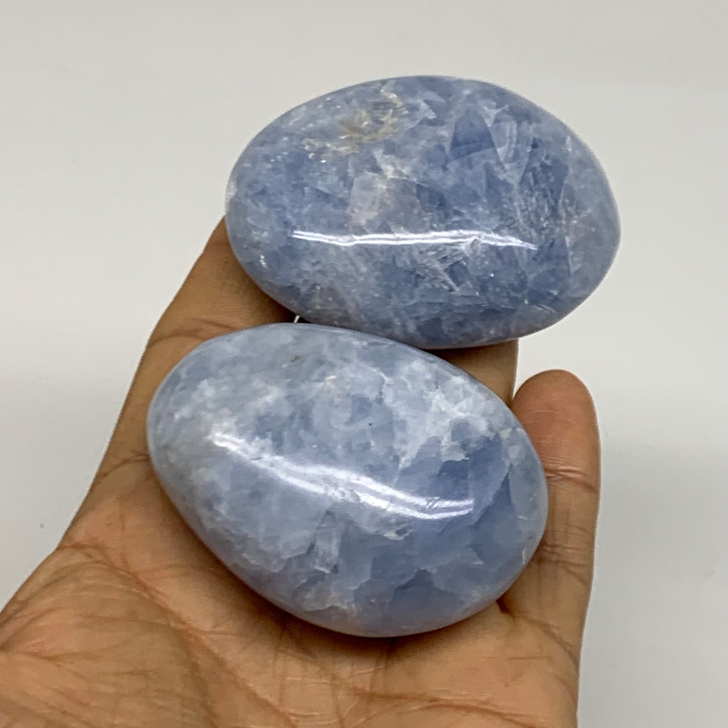 203g, 2.2"-2.4", 2pcs, Blue Calcite Palm-Stone Polished Tumbled, B38141