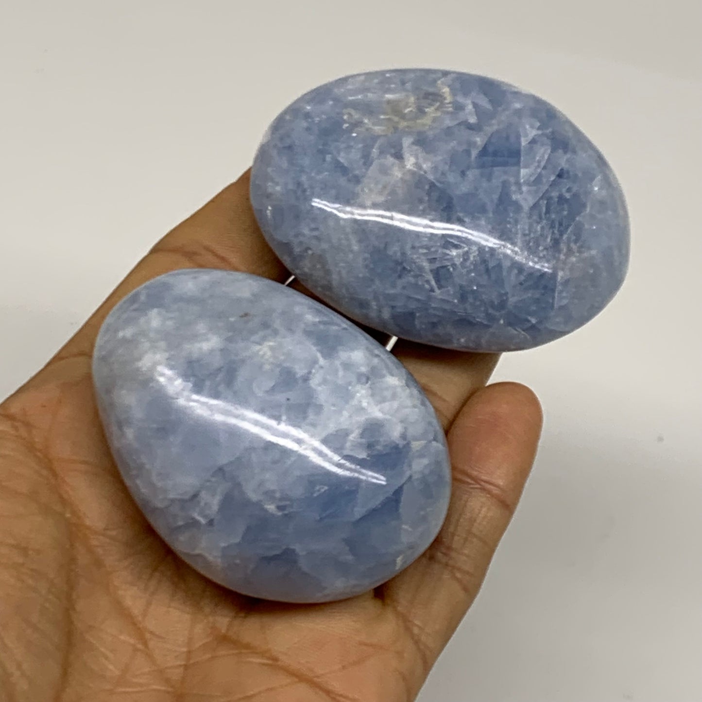203g, 2.2"-2.4", 2pcs, Blue Calcite Palm-Stone Polished Tumbled, B38141