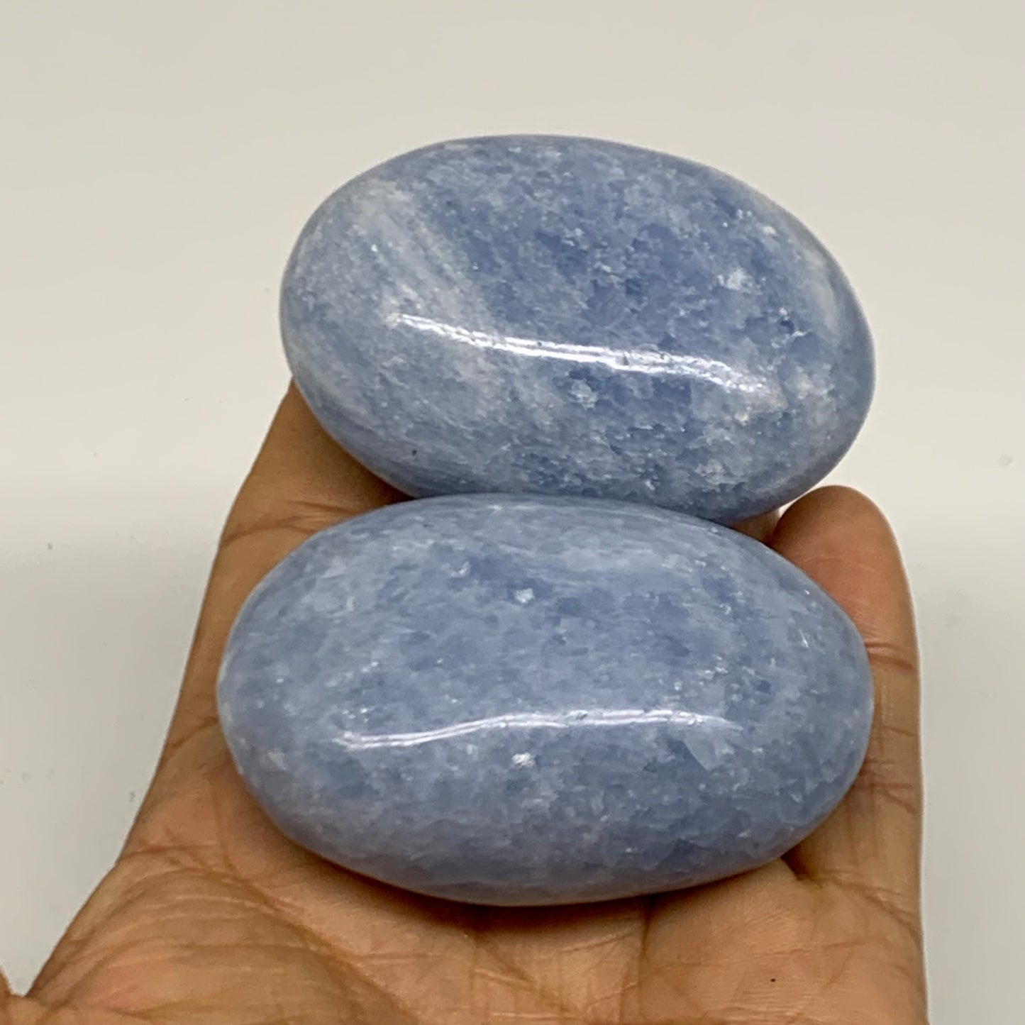 205.5g, 2.3"-2.4", 2pcs, Blue Calcite Palm-Stone Polished Tumbled, B38142
