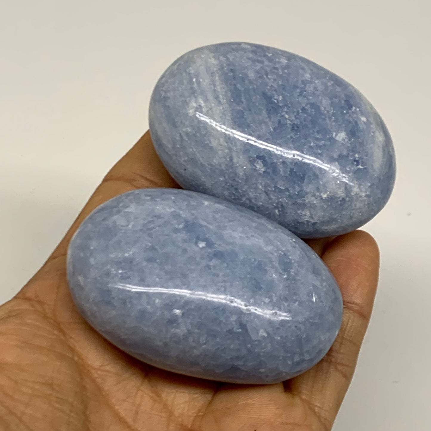 205.5g, 2.3"-2.4", 2pcs, Blue Calcite Palm-Stone Polished Tumbled, B38142