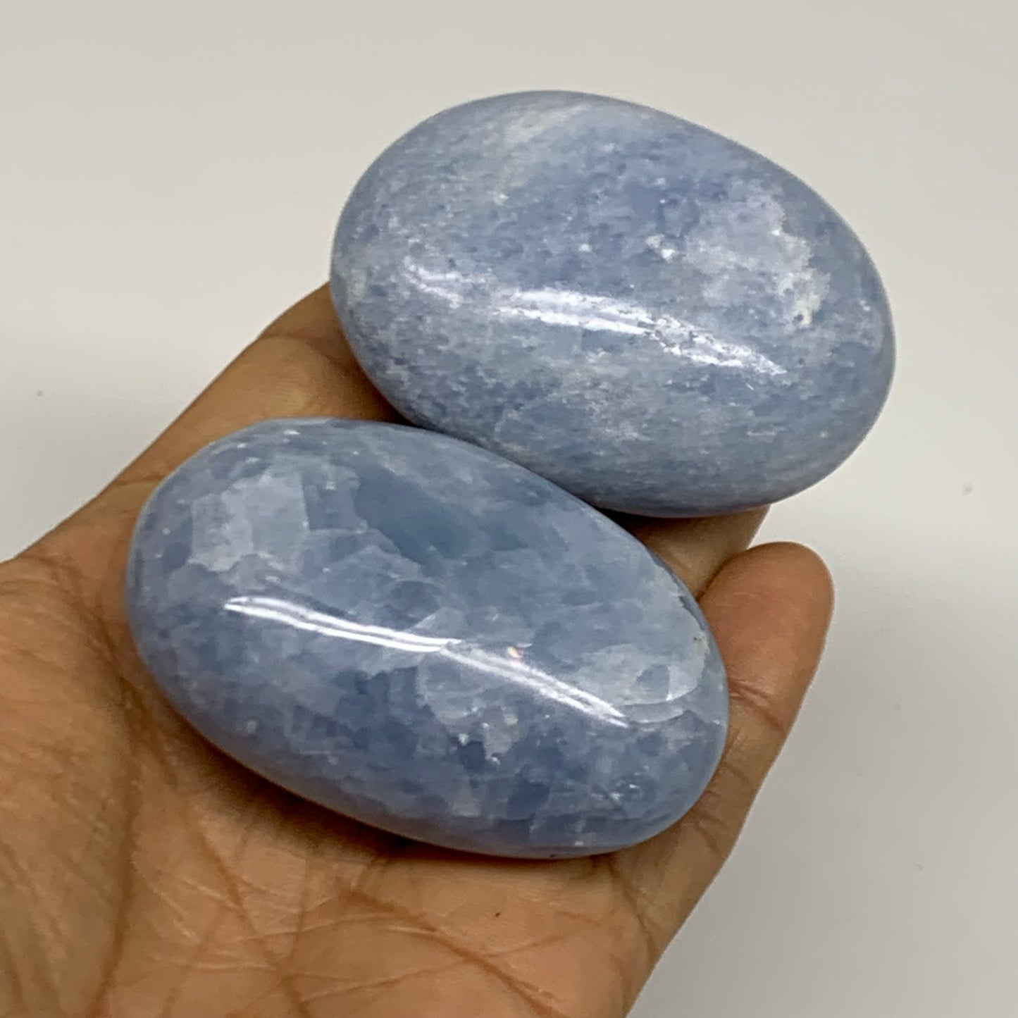 205.5g, 2.3"-2.4", 2pcs, Blue Calcite Palm-Stone Polished Tumbled, B38142