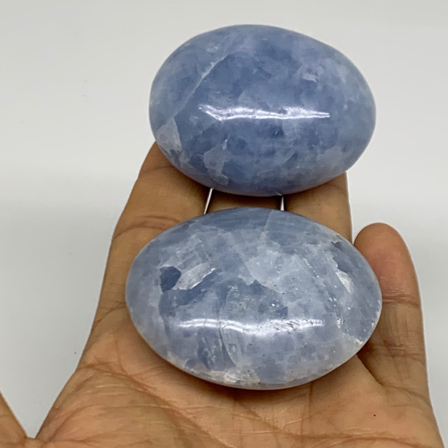 181.5g, 2"-2.1", 2pcs, Blue Calcite Palm-Stone Polished Tumbled, B38143