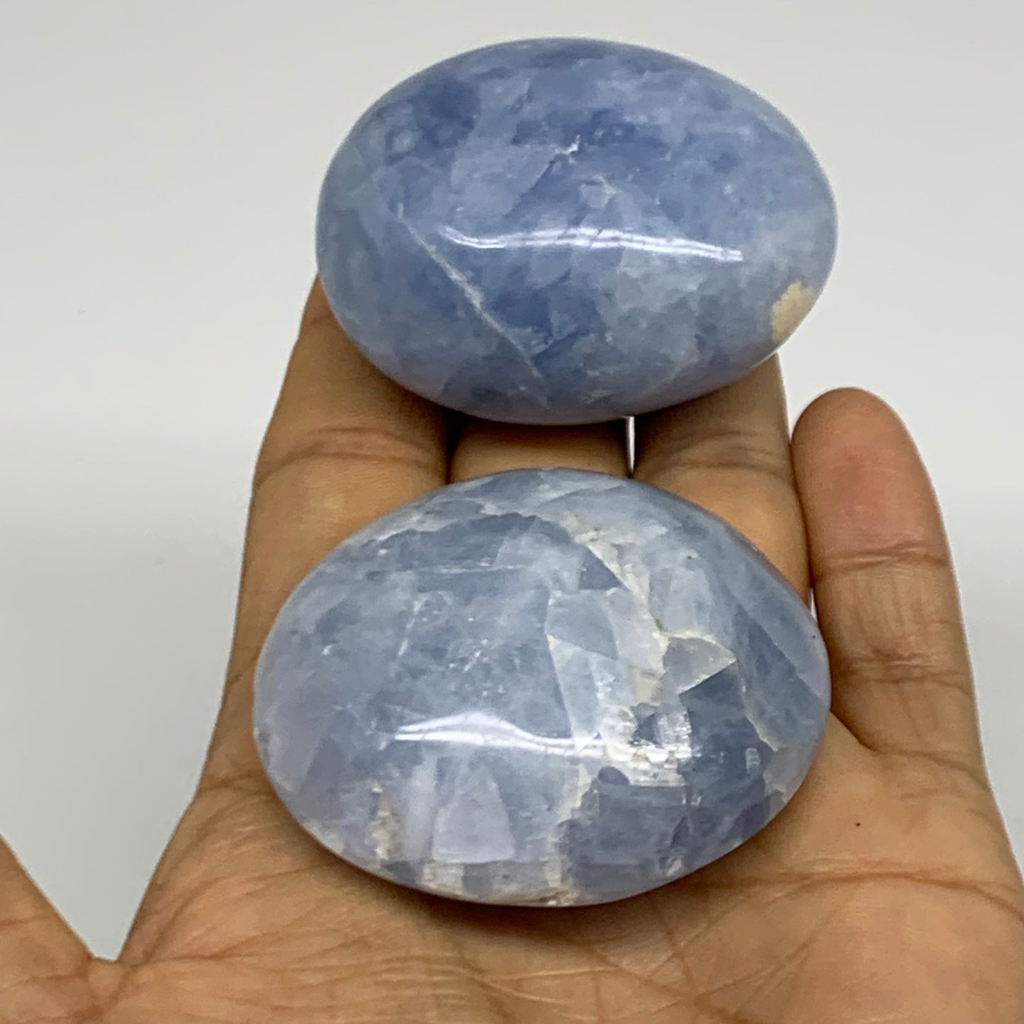 181.5g, 2"-2.1", 2pcs, Blue Calcite Palm-Stone Polished Tumbled, B38143