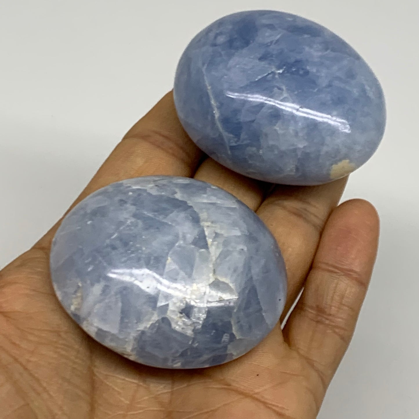 181.5g, 2"-2.1", 2pcs, Blue Calcite Palm-Stone Polished Tumbled, B38143
