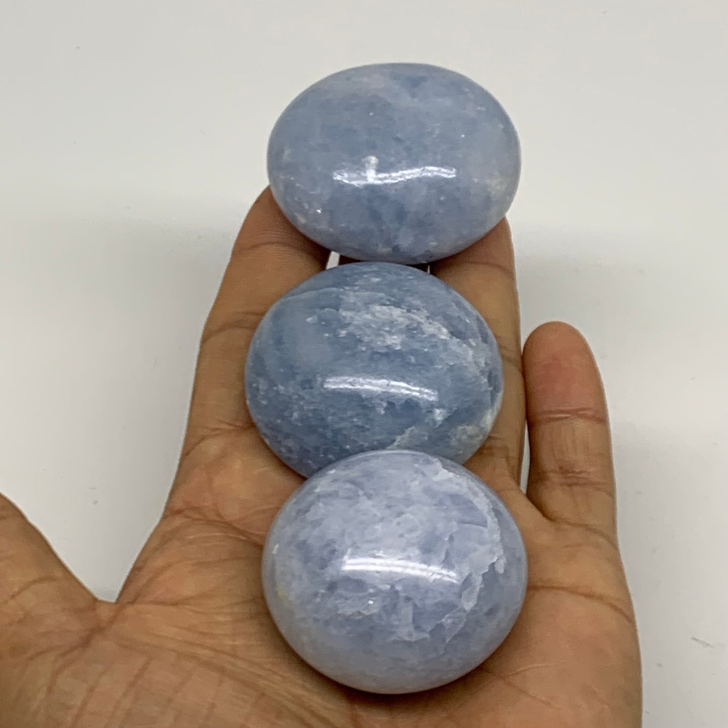 209.9g, 1.6"-1.8", 3pcs, Blue Calcite Palm-Stone Polished Tumbled, B38147