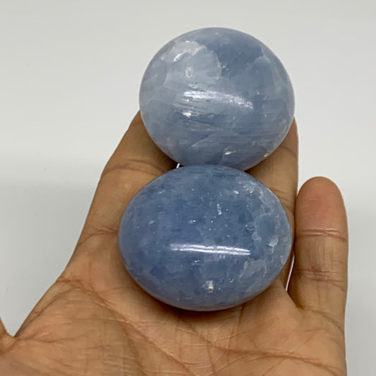 164.5g, 1.7"-1.7", 2pcs, Blue Calcite Palm-Stone Polished Tumbled, B38148