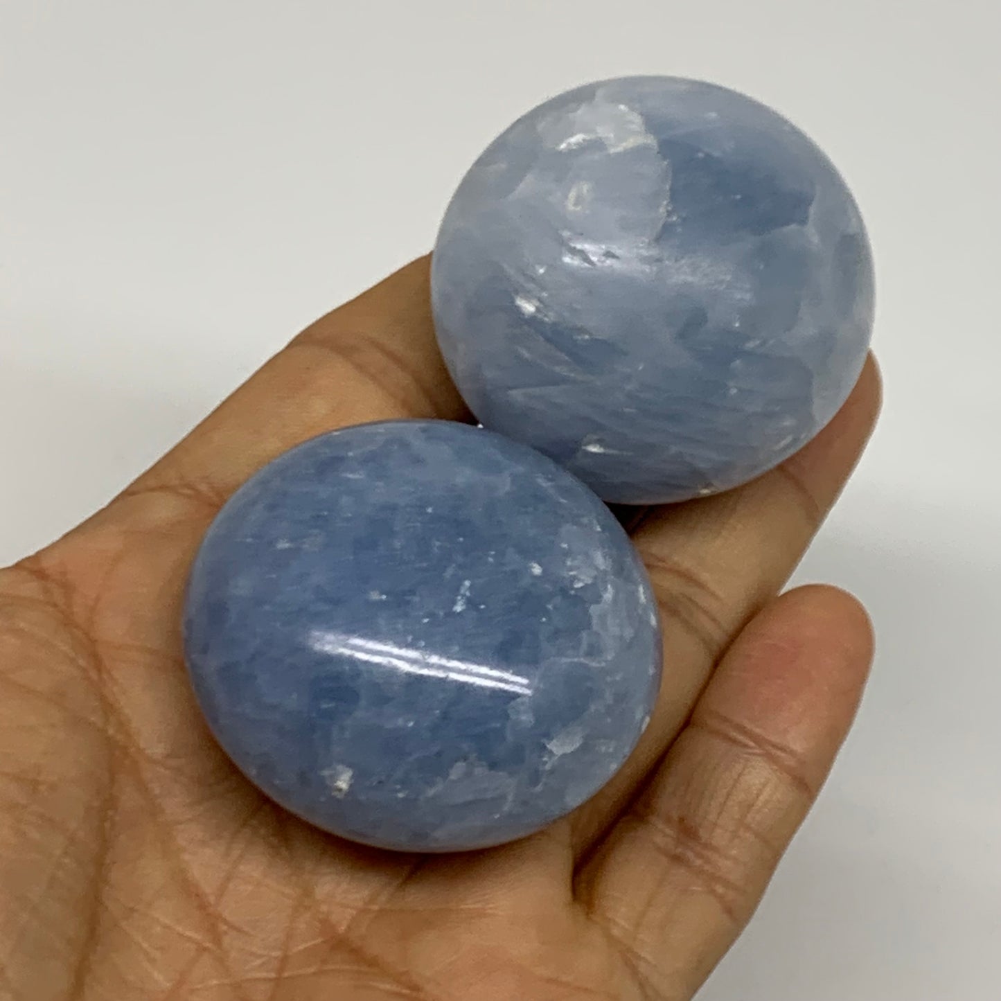 164.5g, 1.7"-1.7", 2pcs, Blue Calcite Palm-Stone Polished Tumbled, B38148