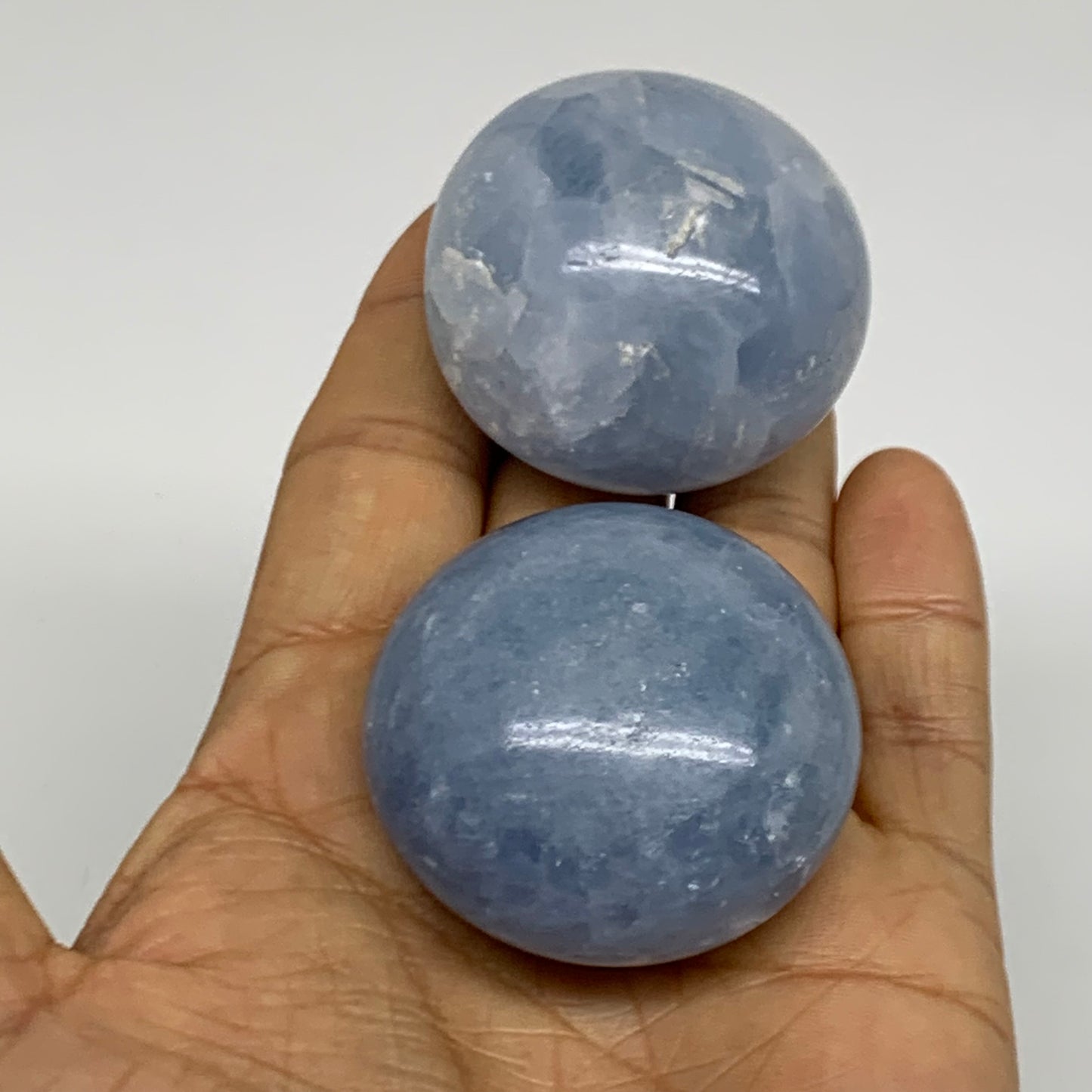 164.5g, 1.7"-1.7", 2pcs, Blue Calcite Palm-Stone Polished Tumbled, B38148