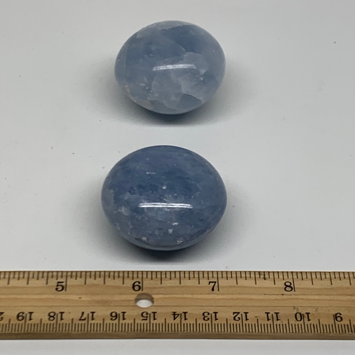 164.5g, 1.7"-1.7", 2pcs, Blue Calcite Palm-Stone Polished Tumbled, B38148