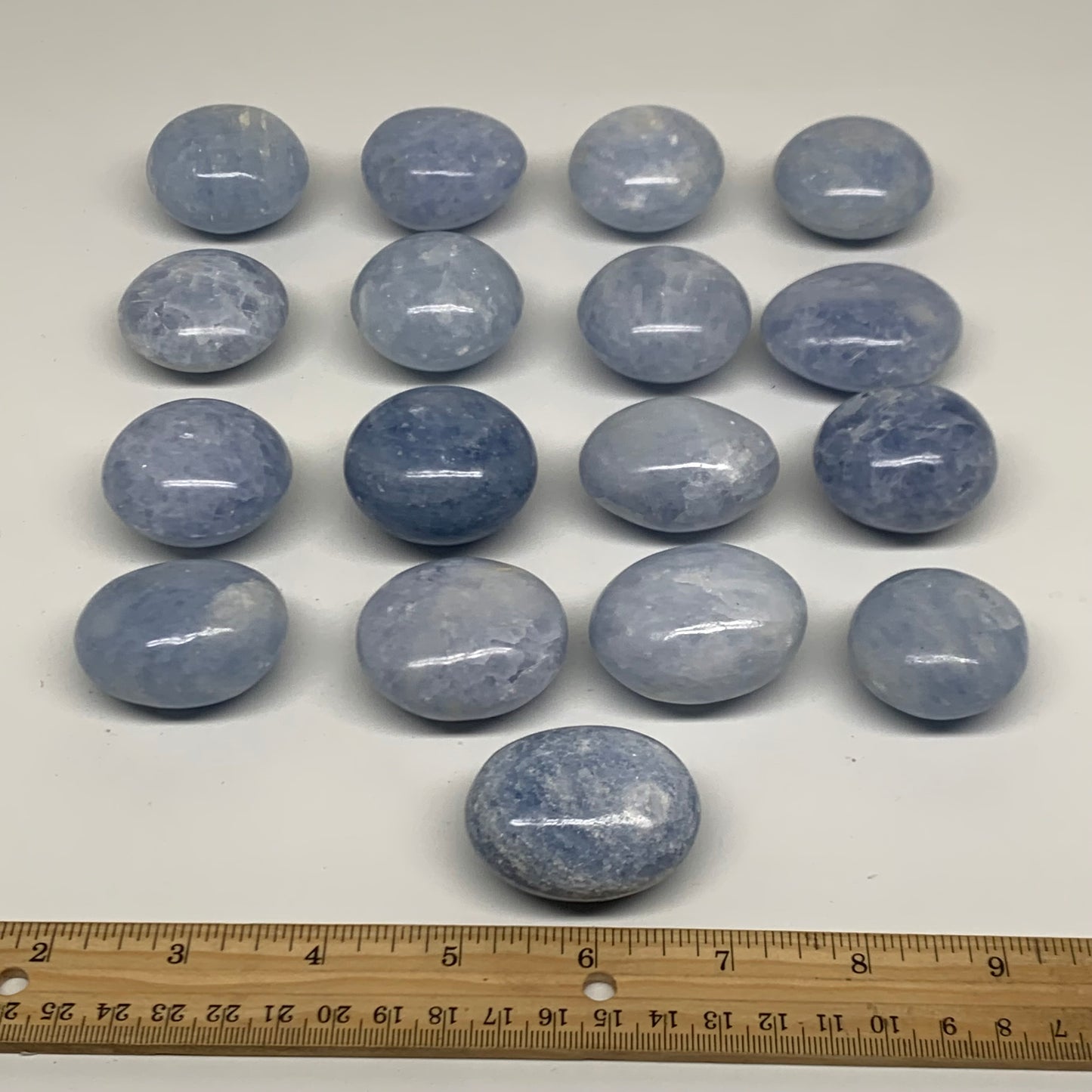 2.52 lbs, 1.5"-2", 17pcs, Blue Calcite Palm-Stone Polished Tumbled, B38149